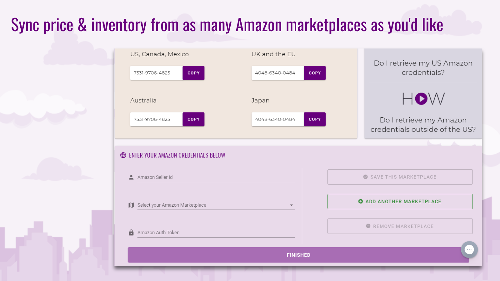 Sync from as many Amazon FBA Marketplaces as you sell 