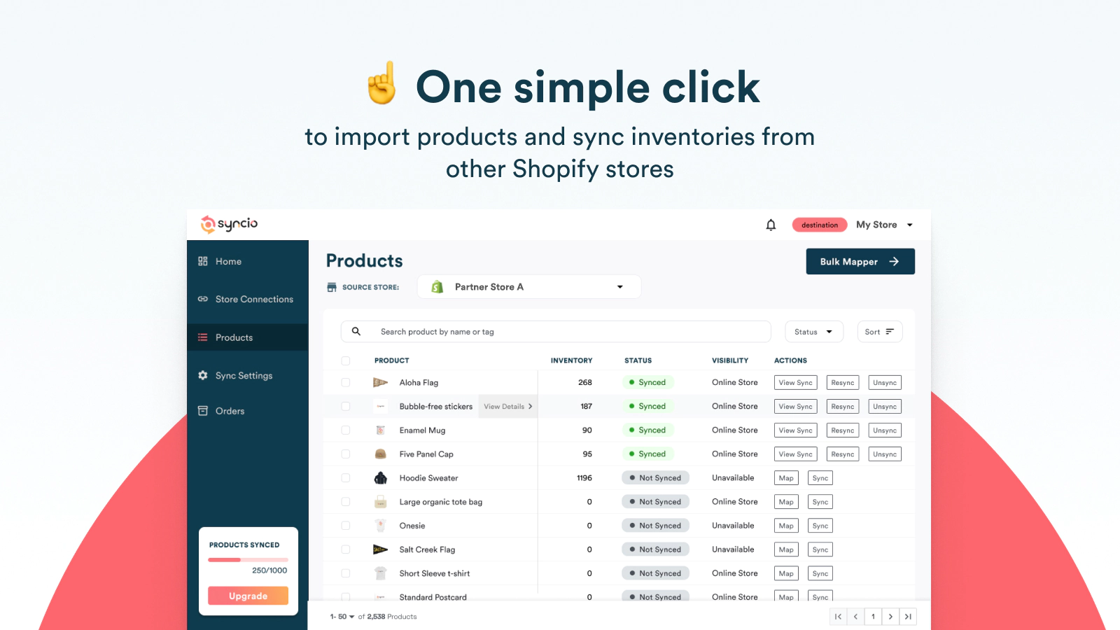 syncio app screenshot showing table of products for easy import
