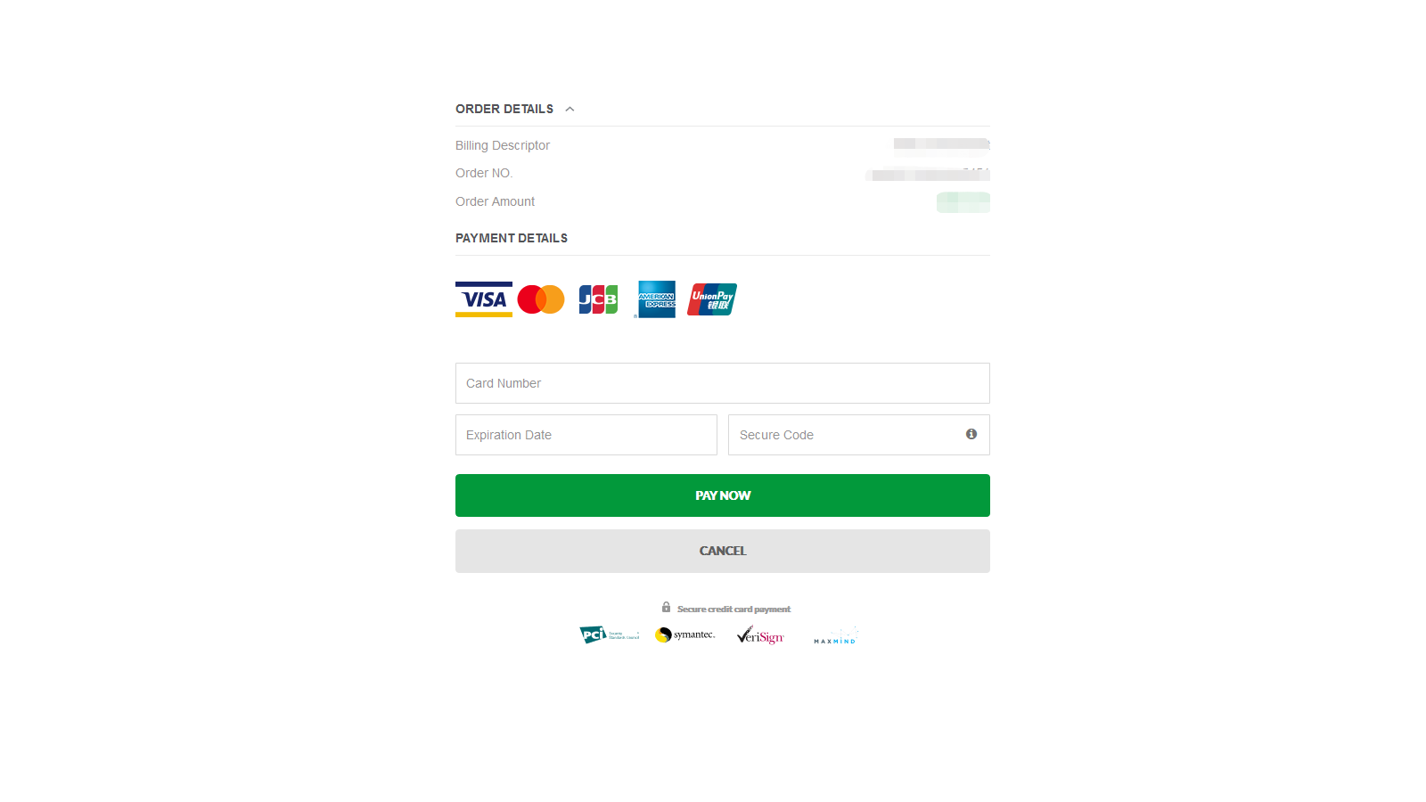 Tarjeta de crédito / débito payment page.