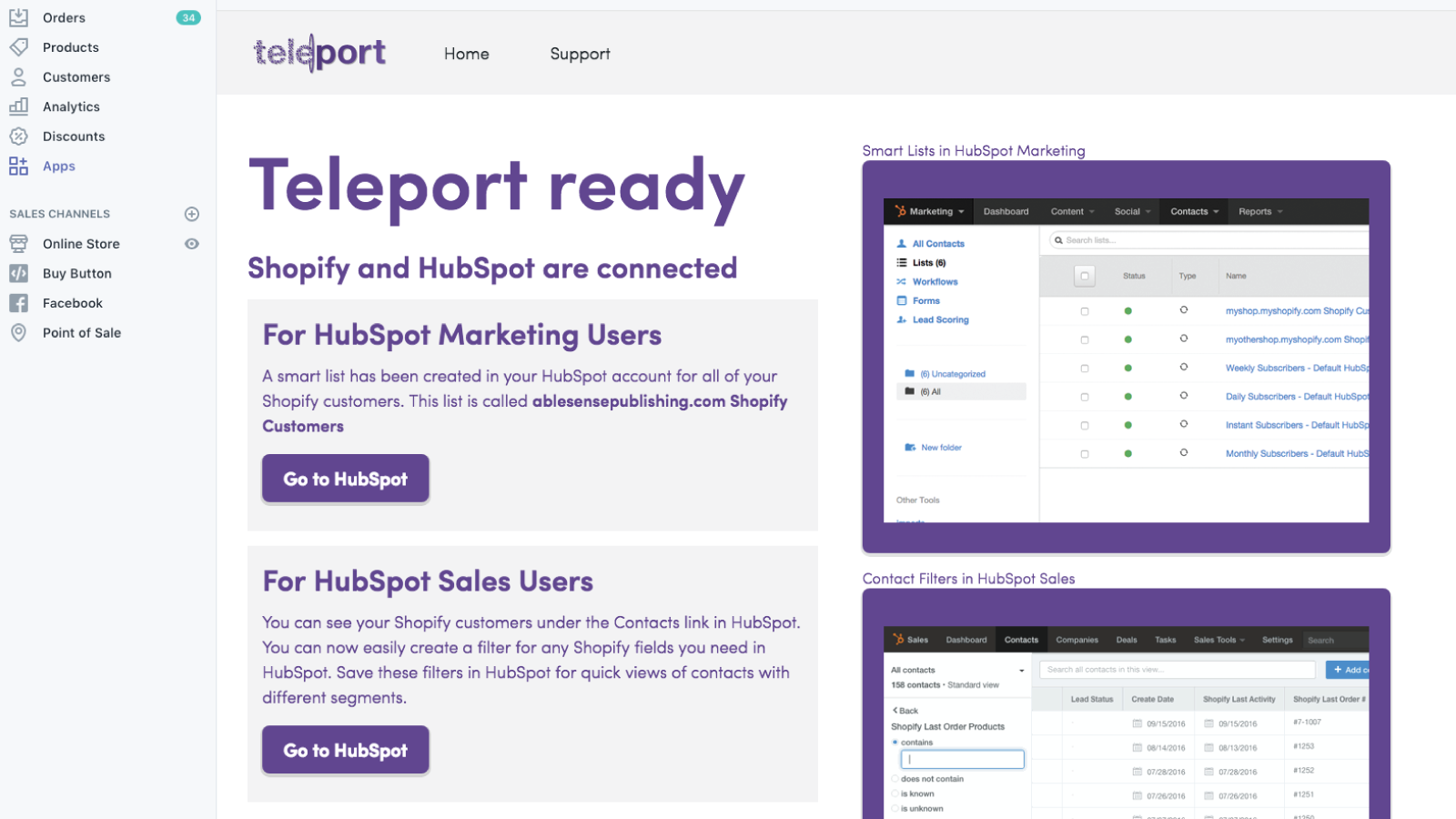 Teleport main screen with HubSpot links