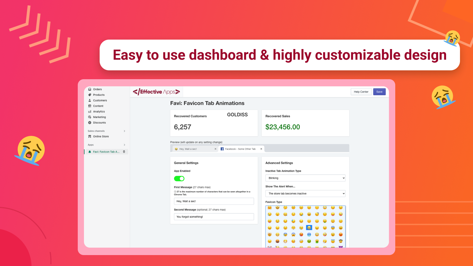 The dashboard of the app with sales and recovered cart stats