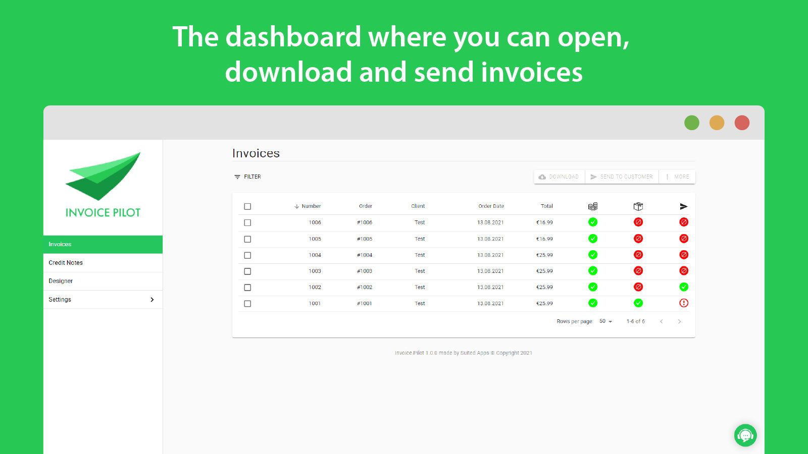 The dashboard where you can open, download and send invoices