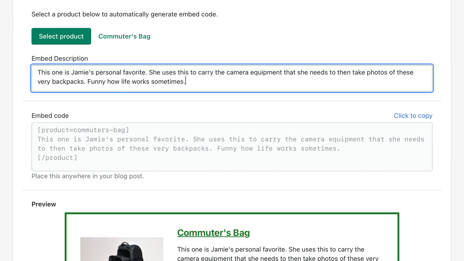 The helper tool lets you copy embed code and preview the embed