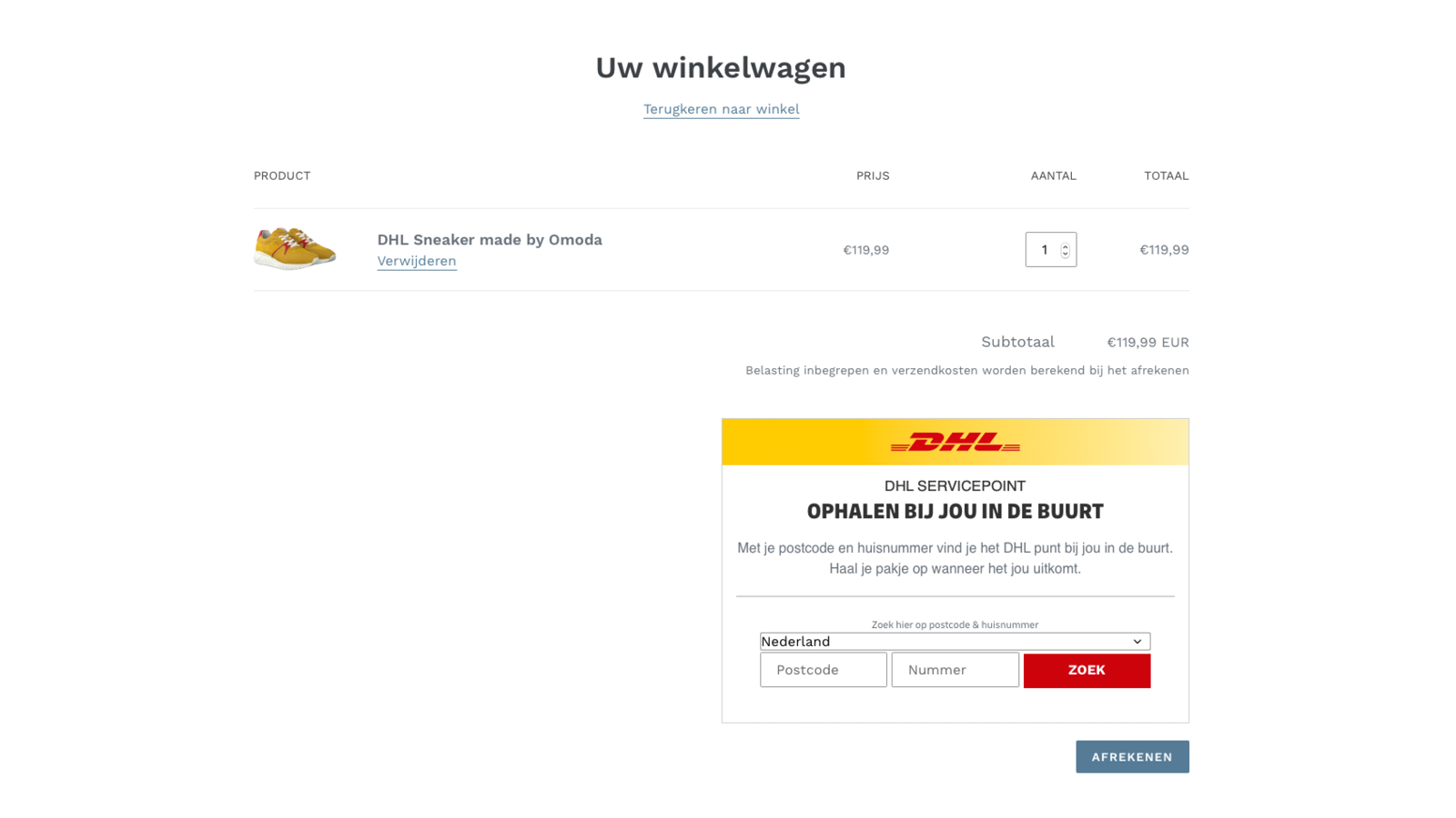 The nearest DHL ServicePoint is shown in the shopping cart