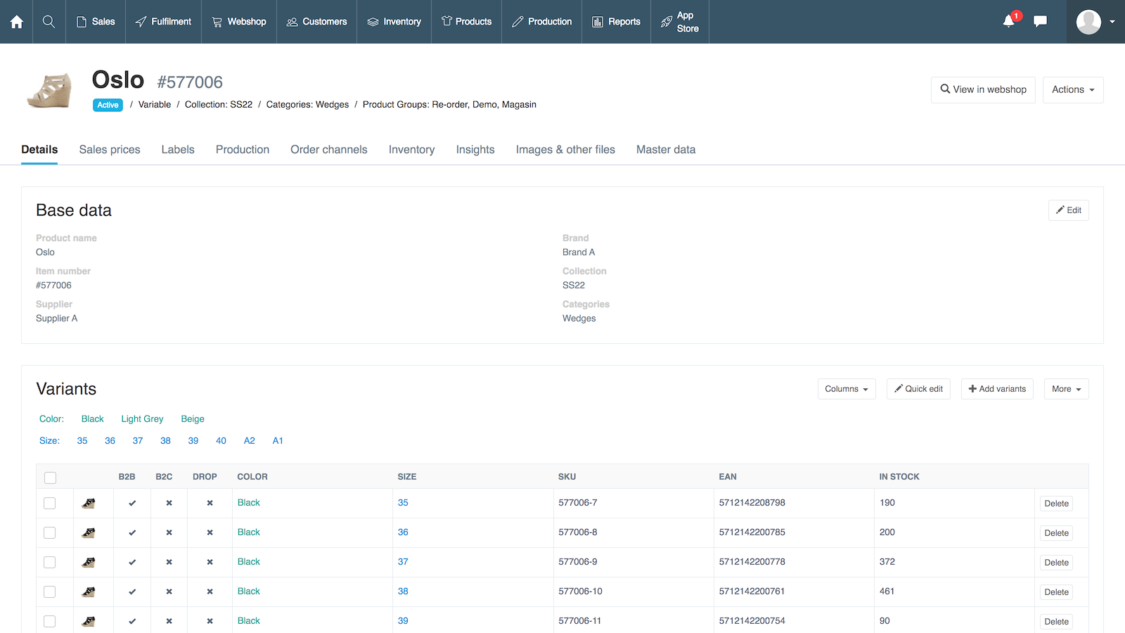 The product view in Traede where you can control product data