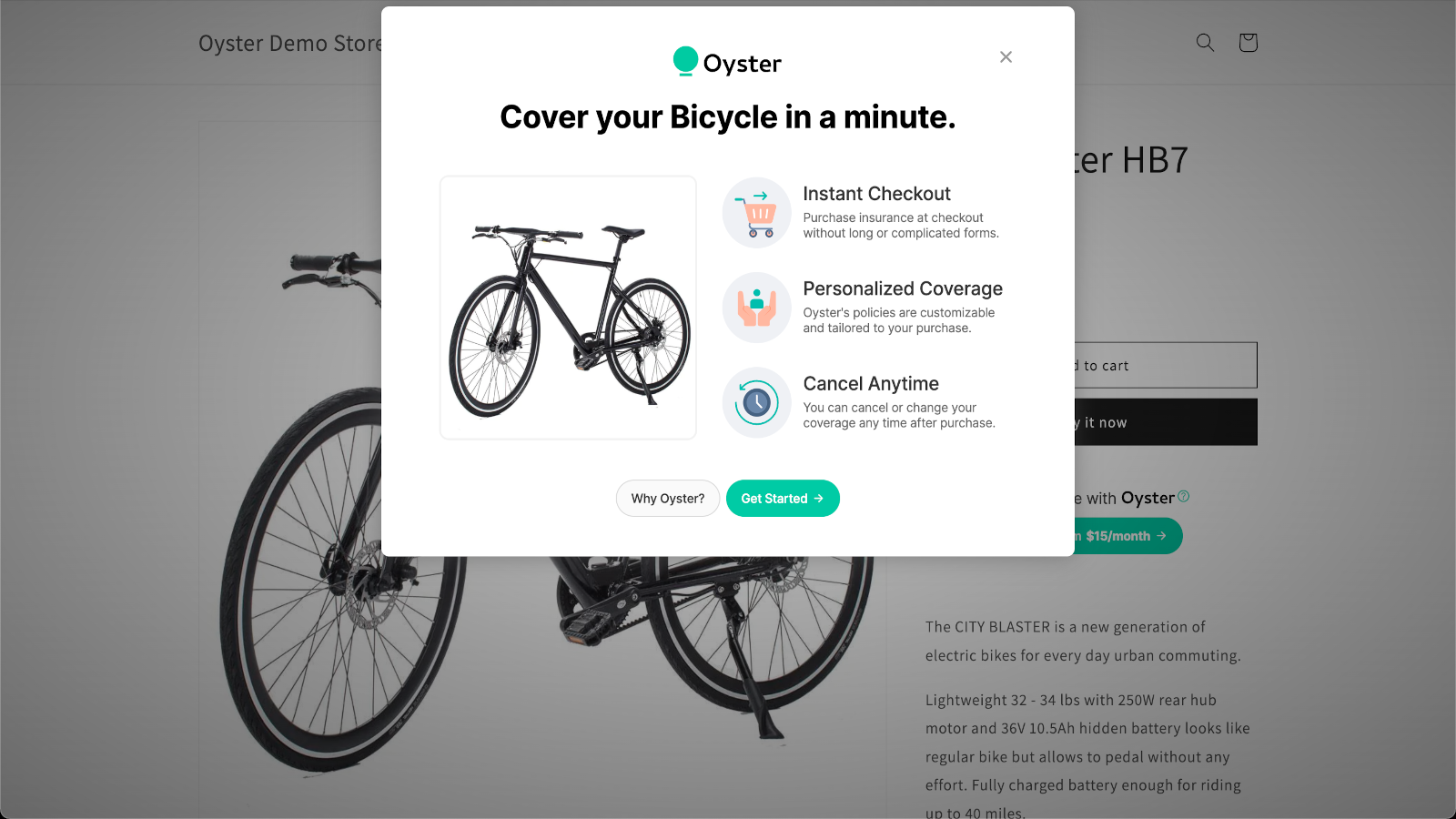 The widget popup educates customers about insurance and Oyster.