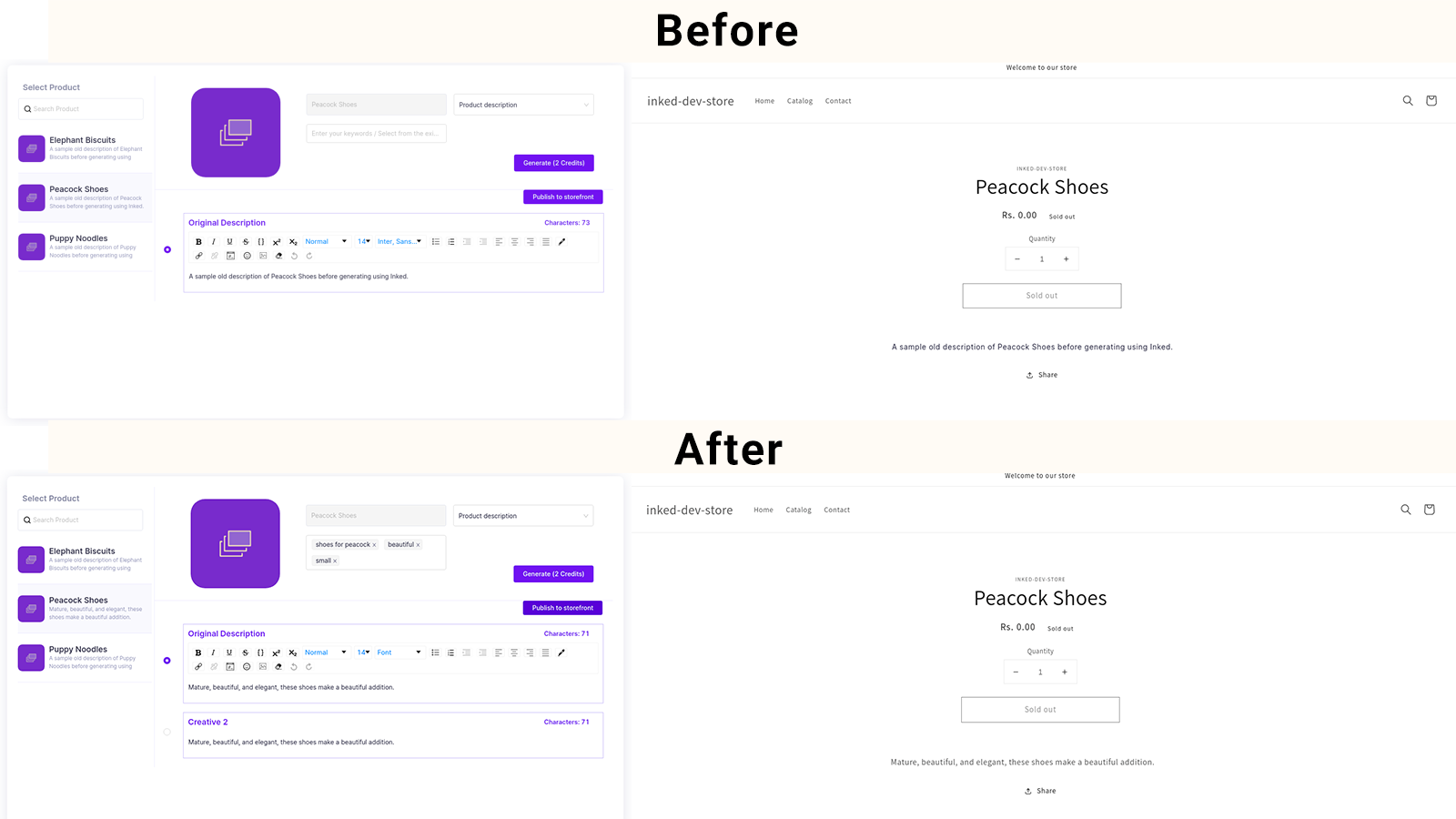 This is how your product page look before and after publishing 