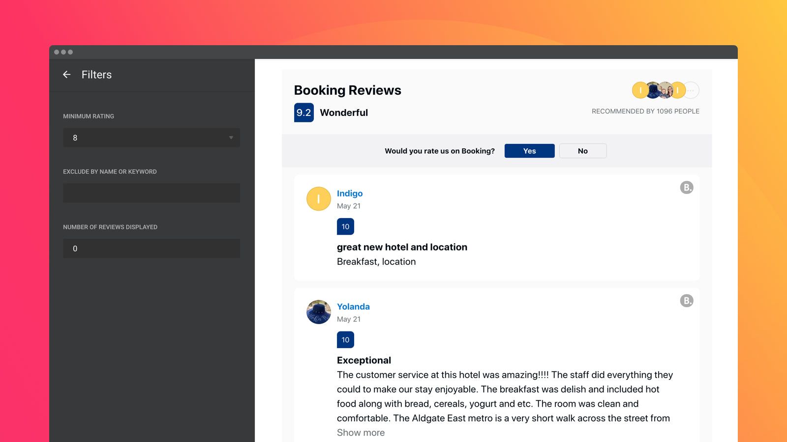 Three filters to show the best Booking reviews on your site