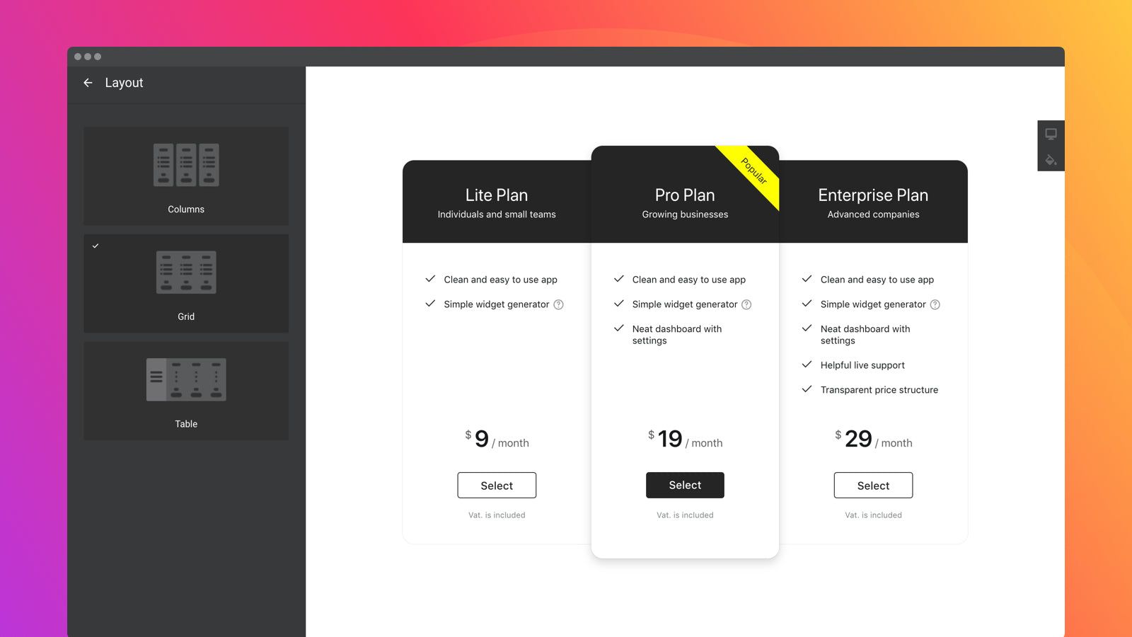 Three predefined layouts for you pricing table
