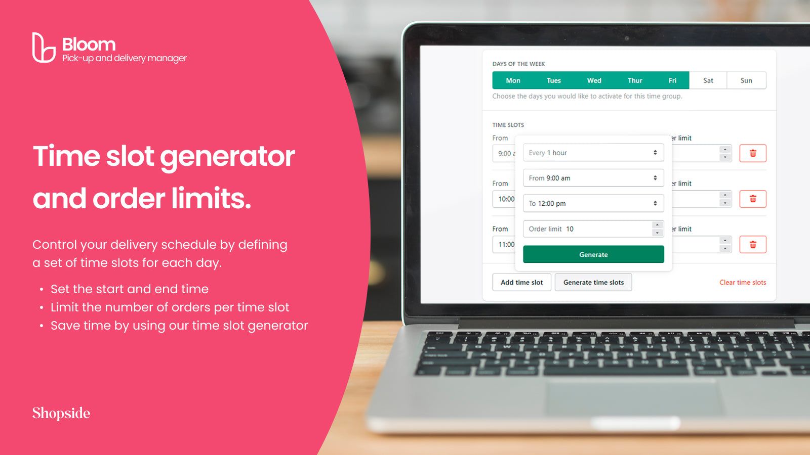 Time slot generator and order limits. Timeslot generator screen