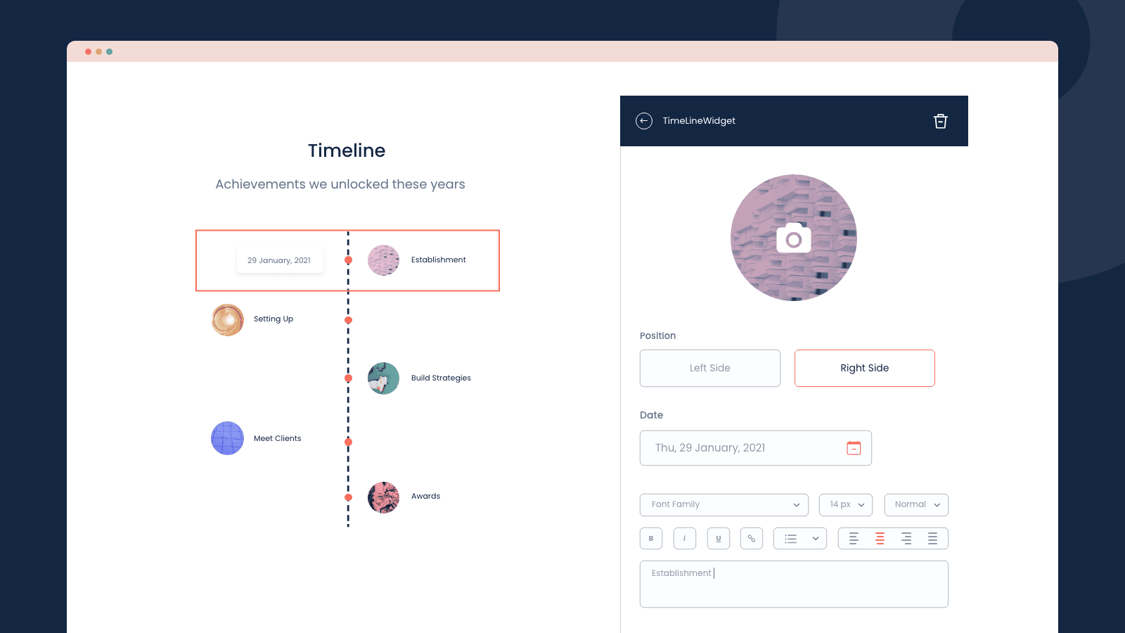 Timeline template of Team and About Us Page Builder app
