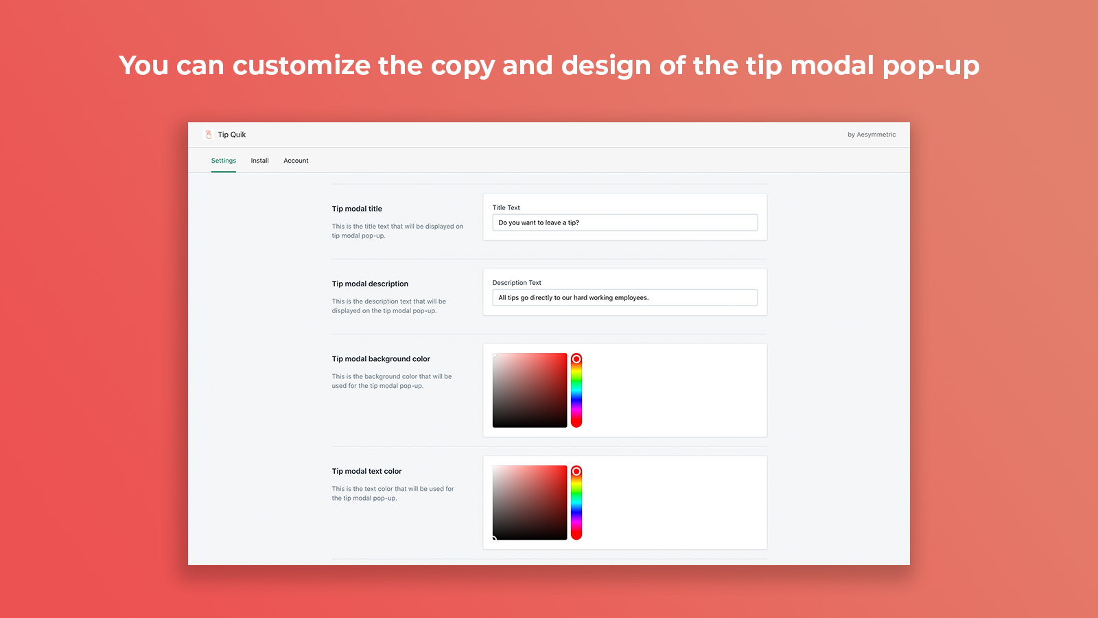 Tip Quik app tip modal design settings