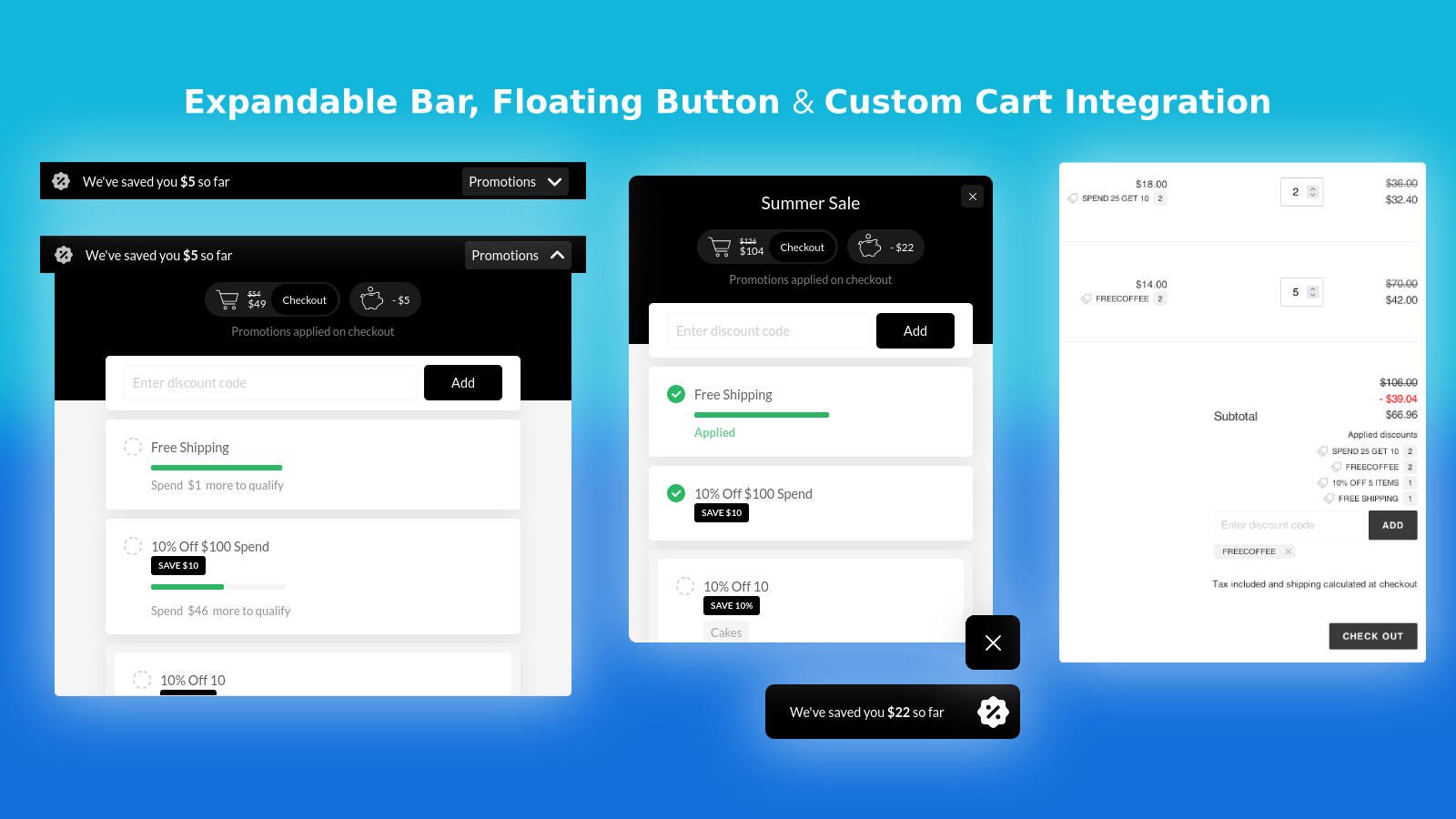 Top bar, floating button options and custom cart integration