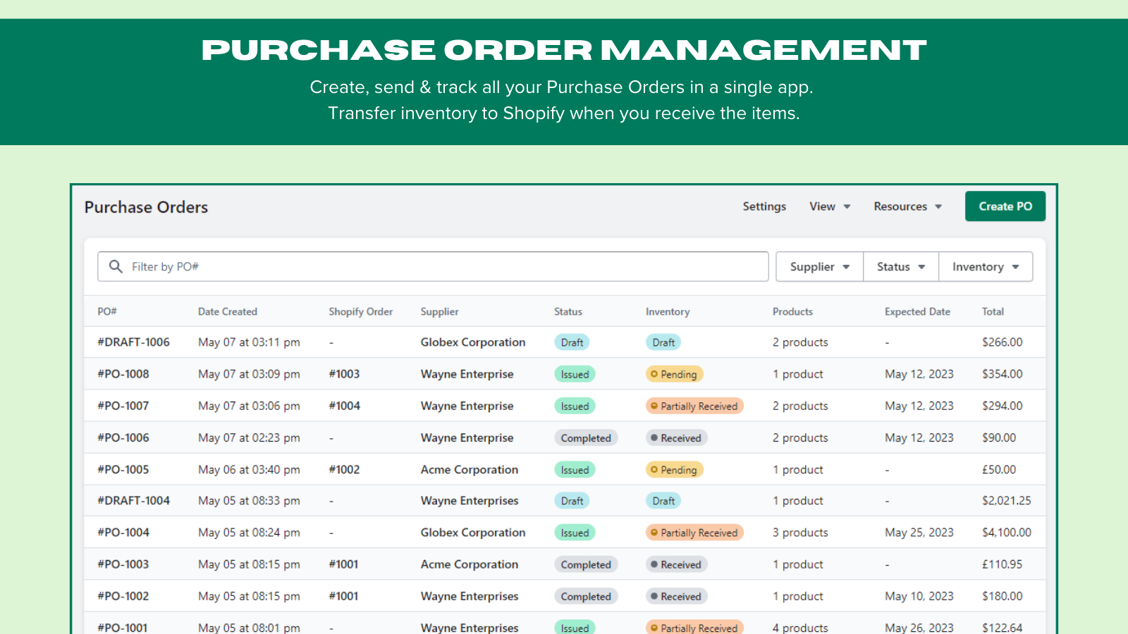 Track all your Purchase Orders easily in a single Shopify app.