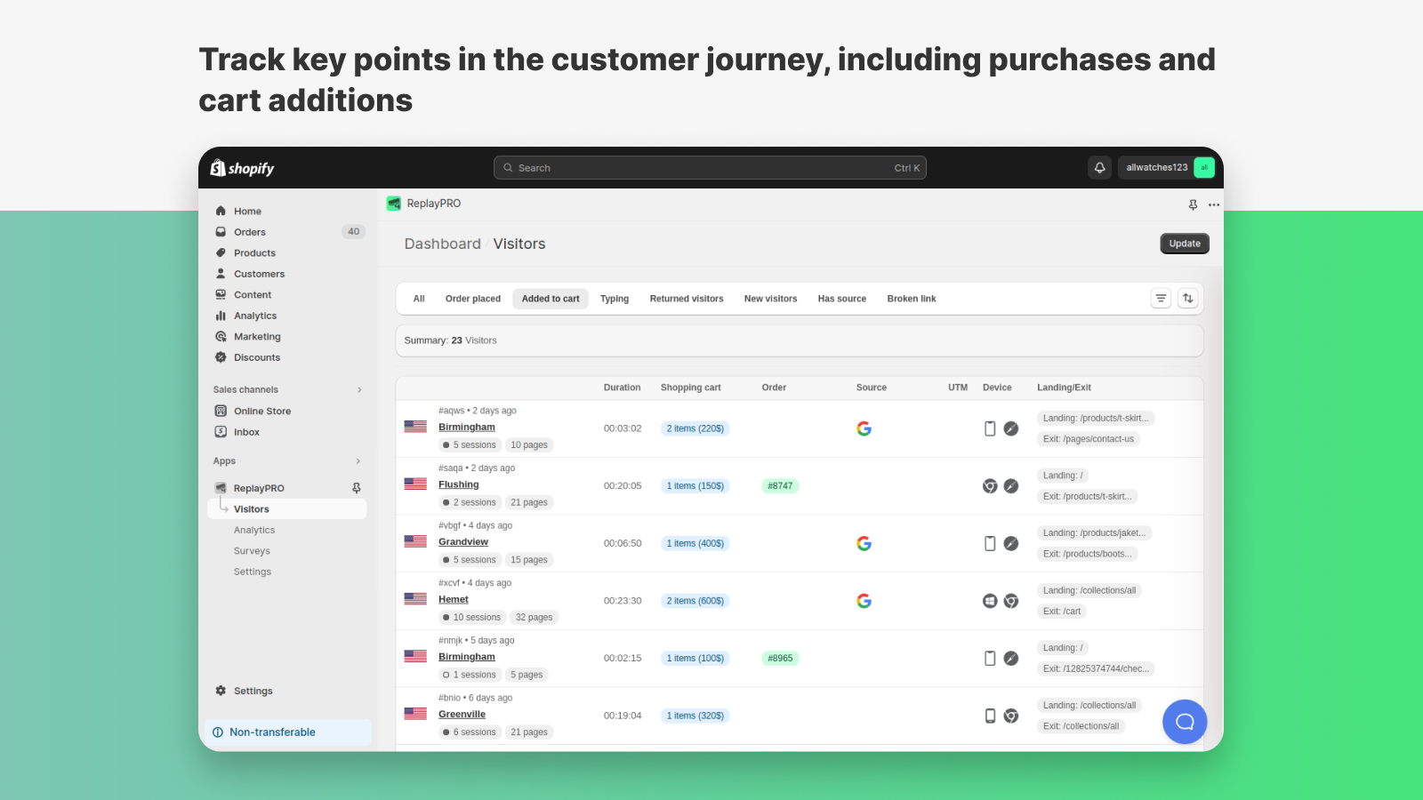 Track key points in the customer journey, including purchases an