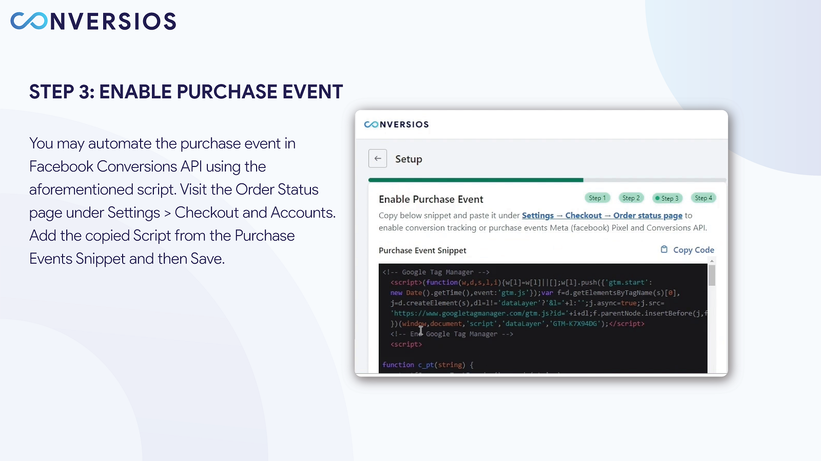Track purchase event with Facebook Pixel & Conversions API.