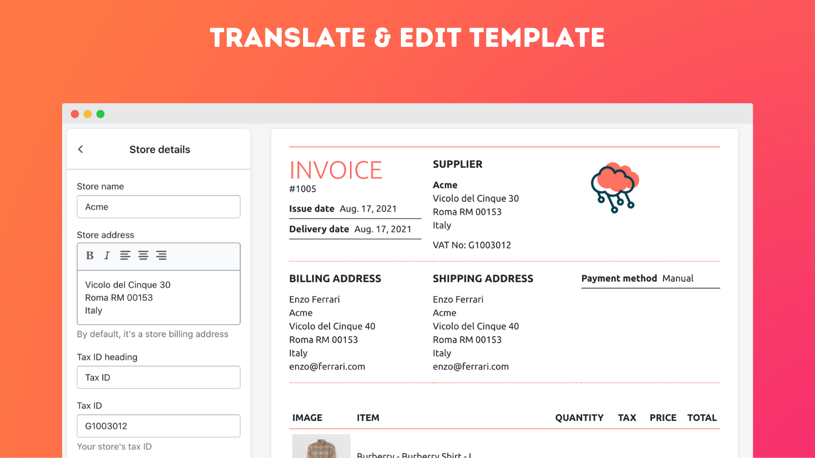 Translate & edit text in template
