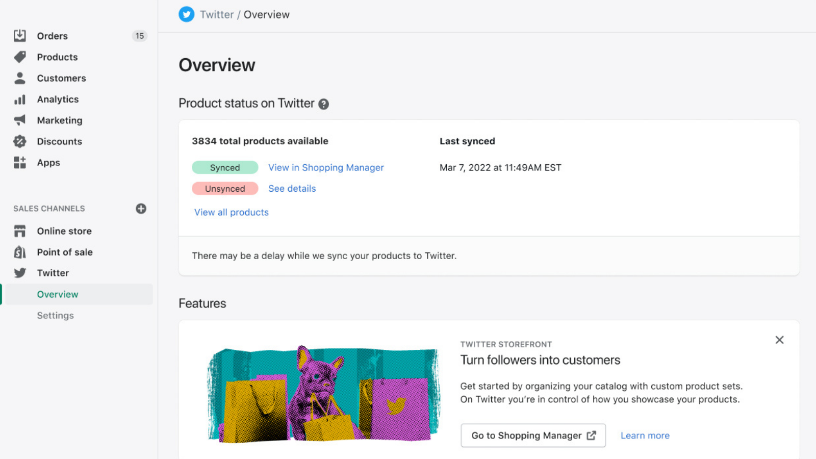 Twitter sales channel overview page