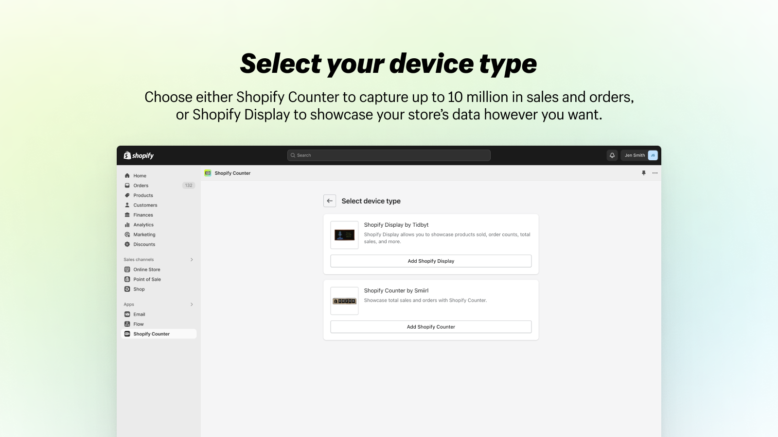 Two devices are shown: Shopify Display and Shopify Counter