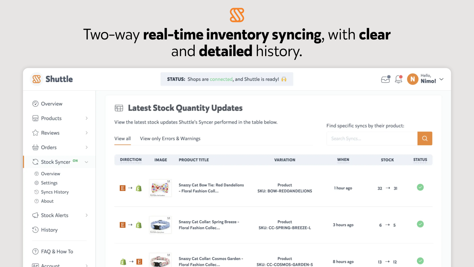 Two-way real-time inventory syncing, with detailed history