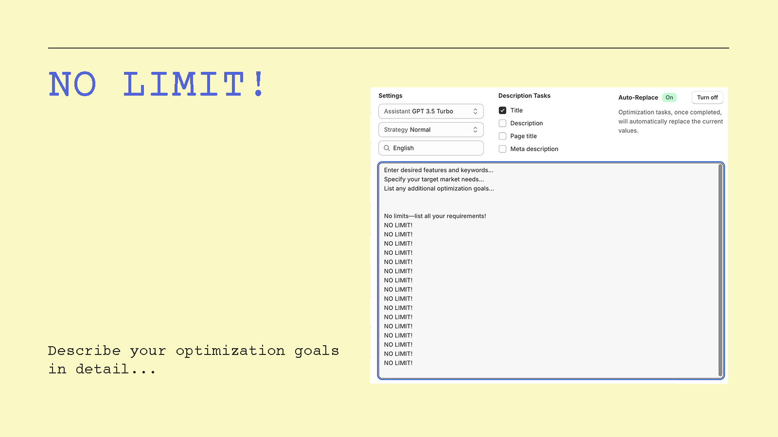 Unlimited inputs for exhaustive optimization