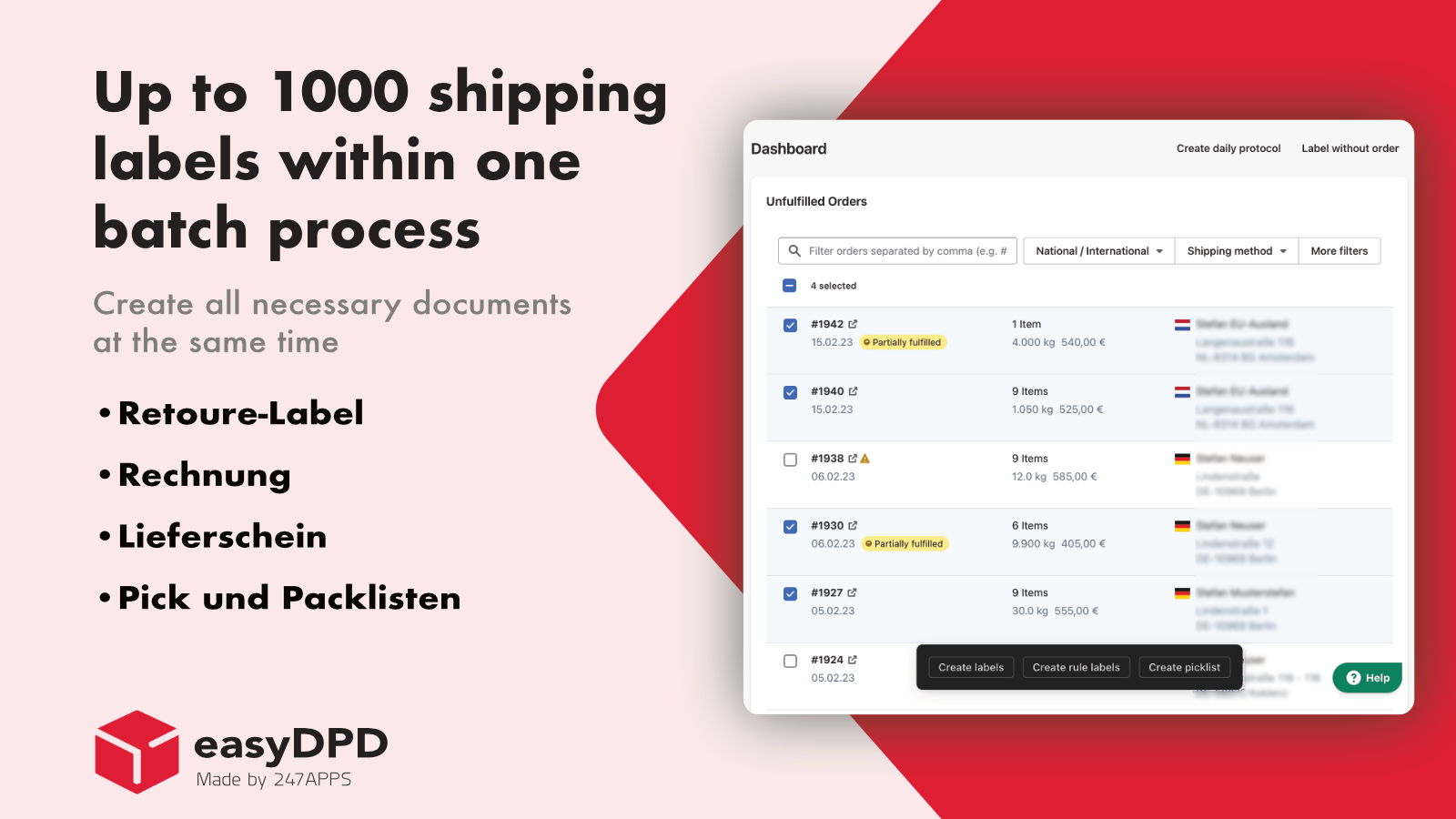 Up to 1000 shipping labels within one batch process