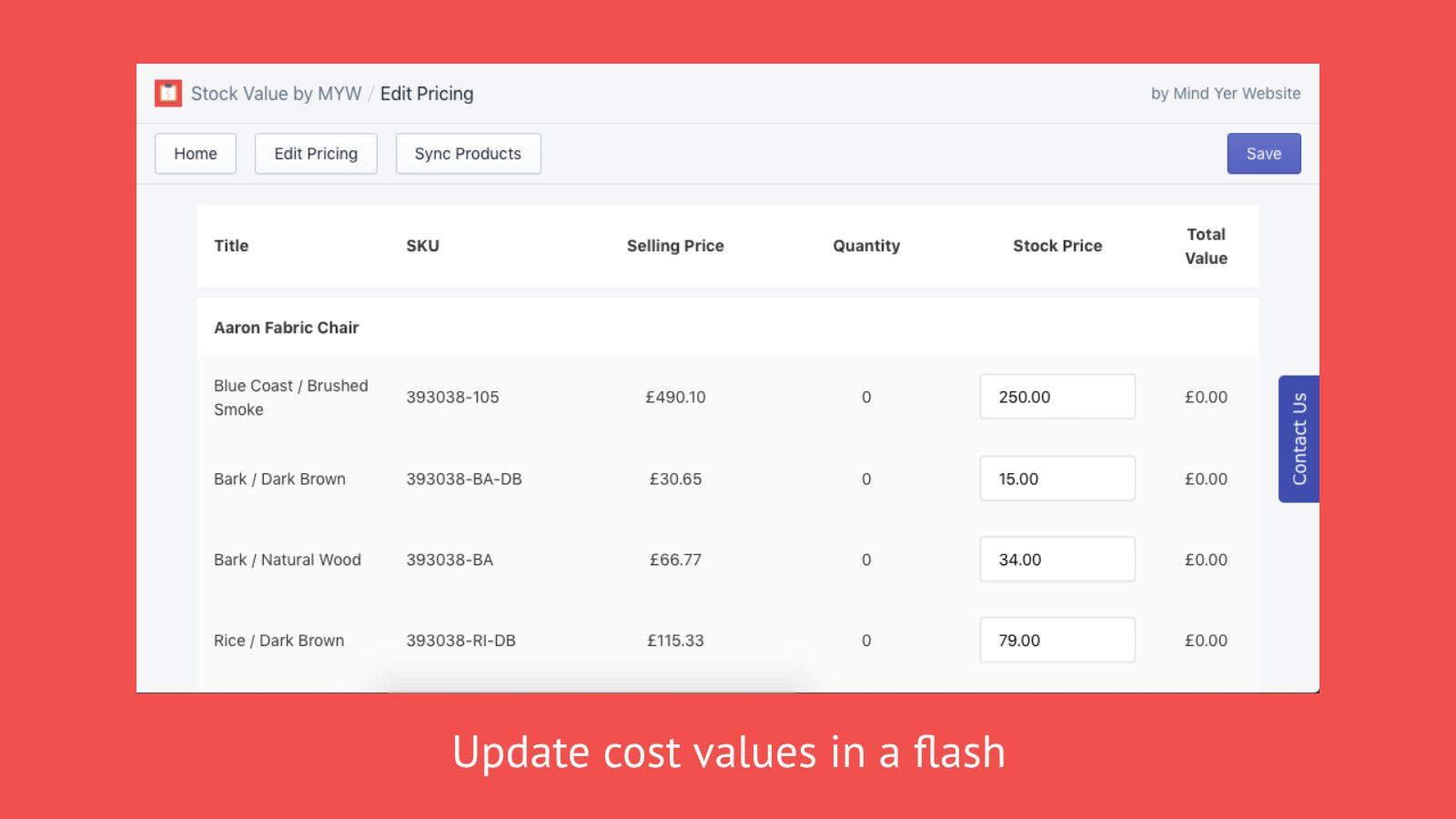 Update cost values in a flash