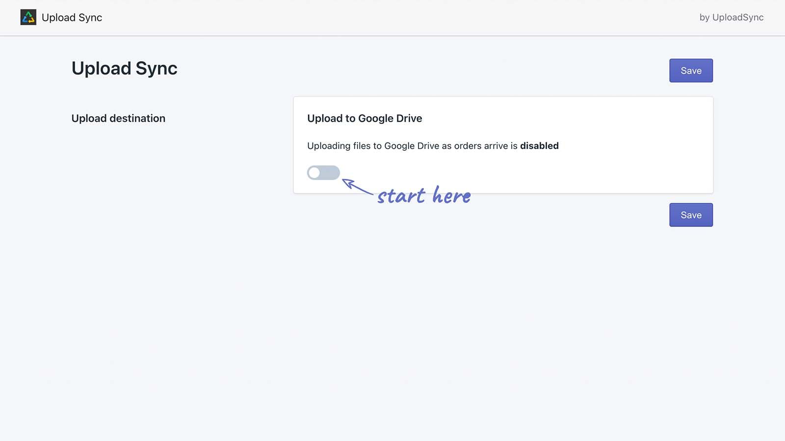 Upload Sync's 'Getting started' screen