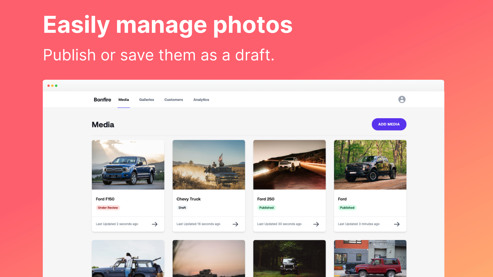 Upload your images and easily publish or save them as a draft.