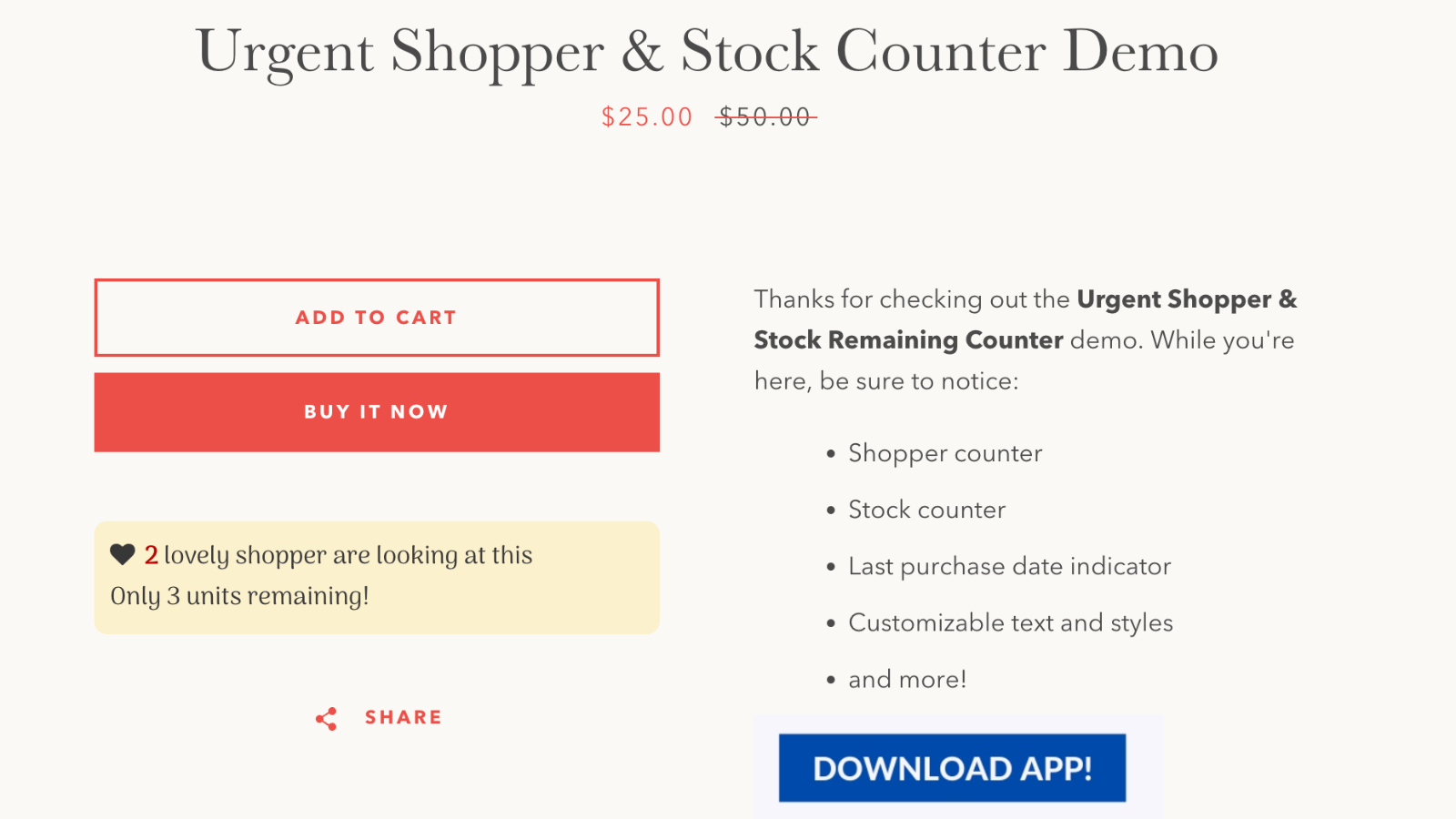 Urgency Shopper and stock remaining counter on desktop