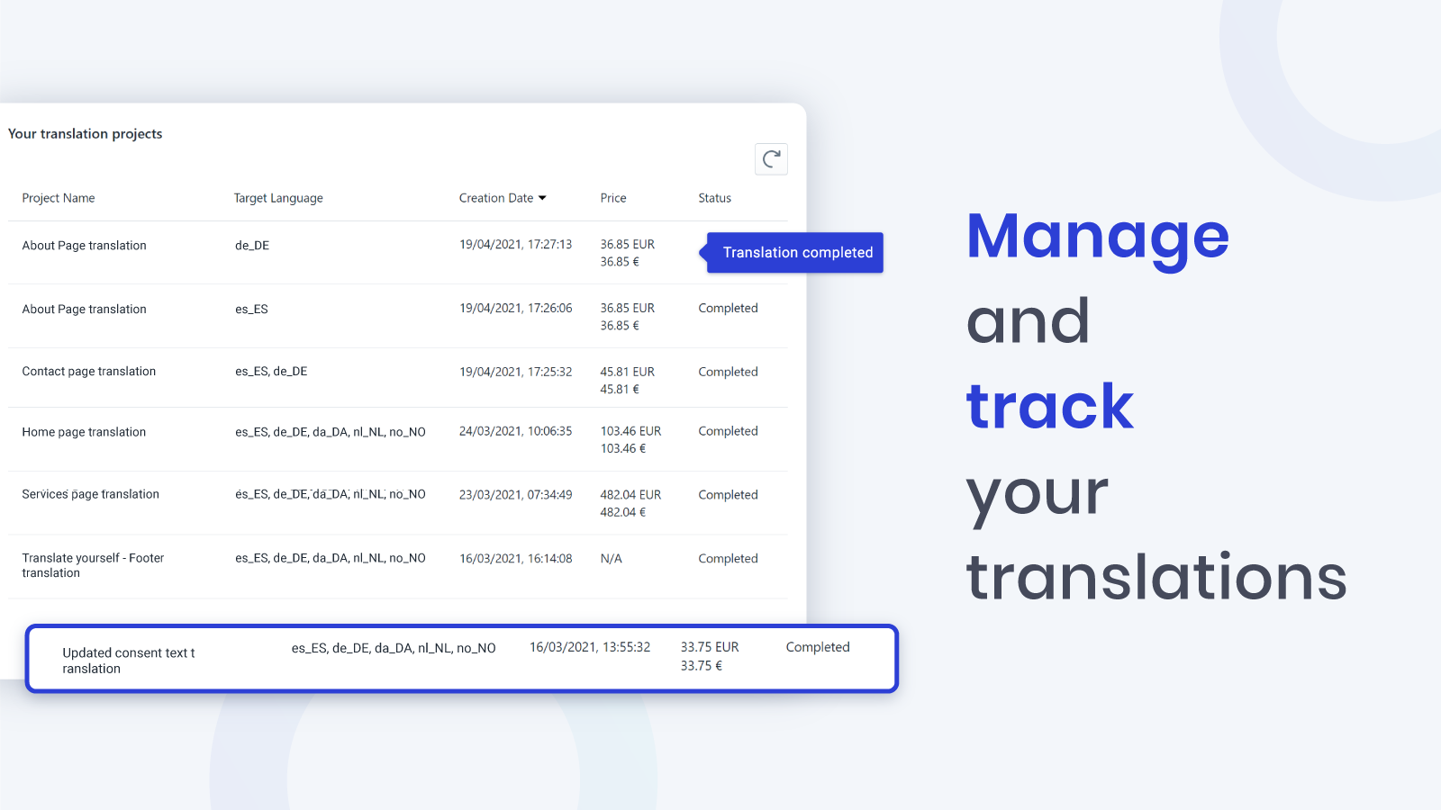 User interface - Manage your projects