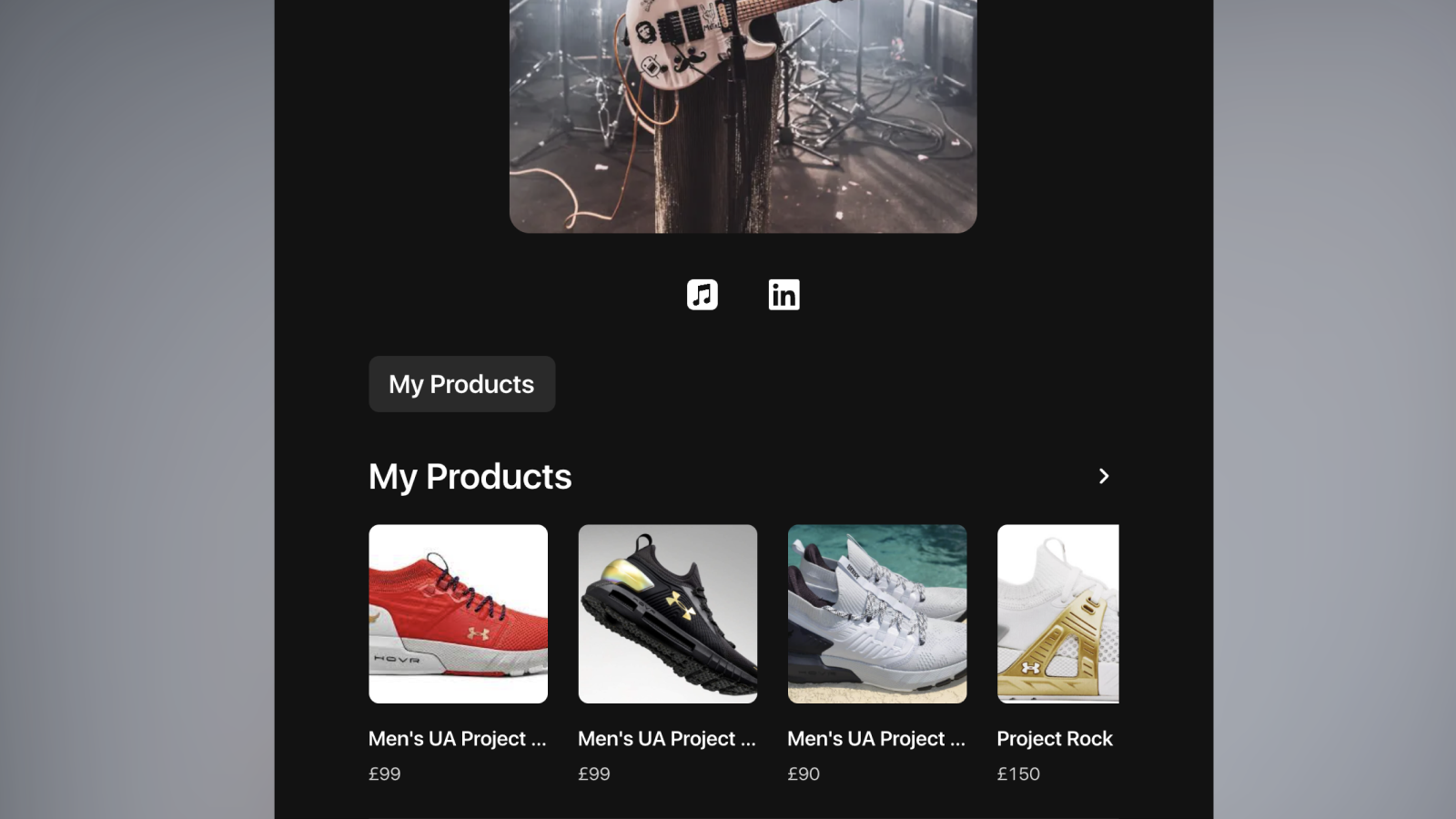 User Interface - Profile with products on it