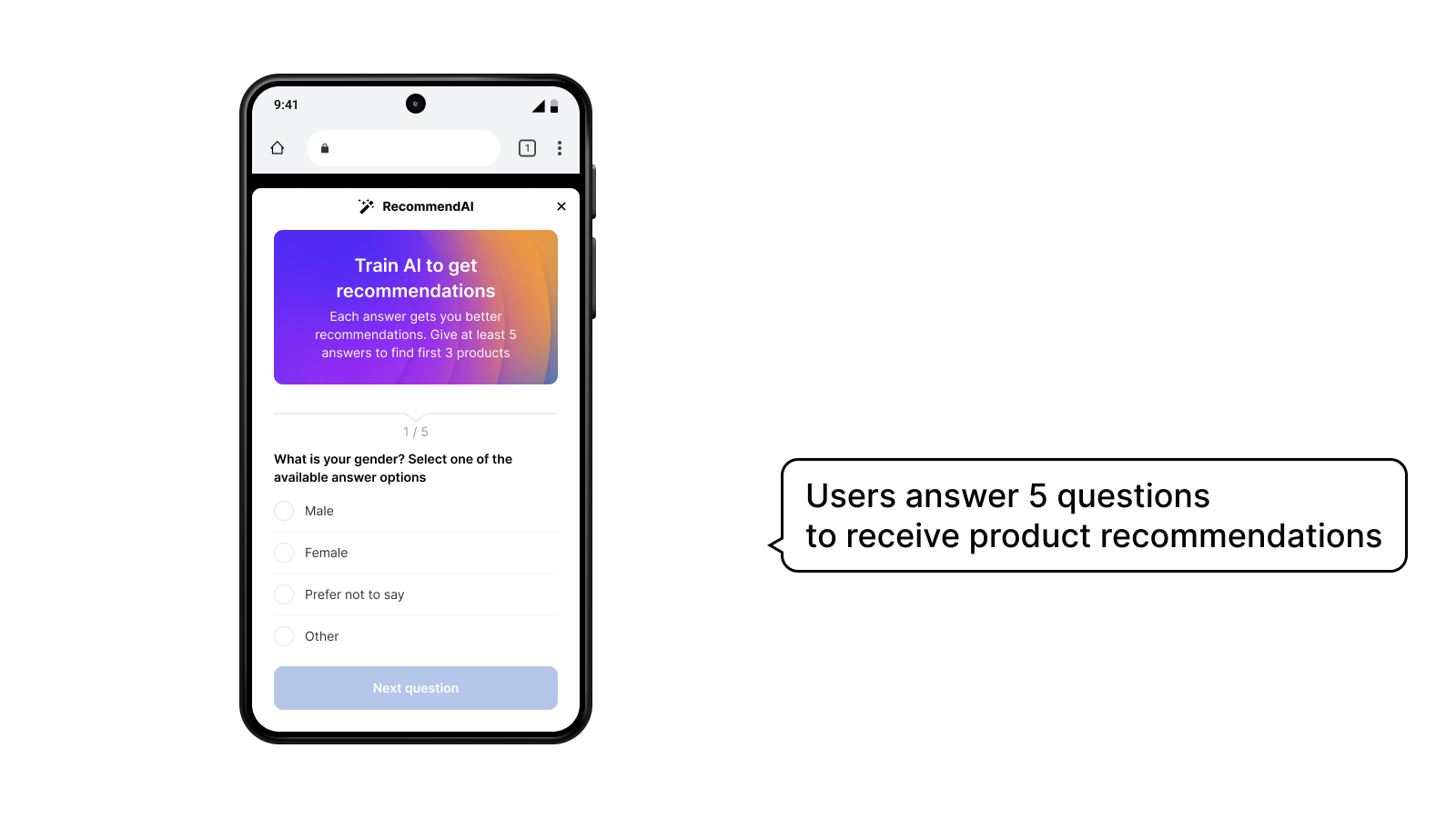 Users answer 5 questions to receive product recommendations