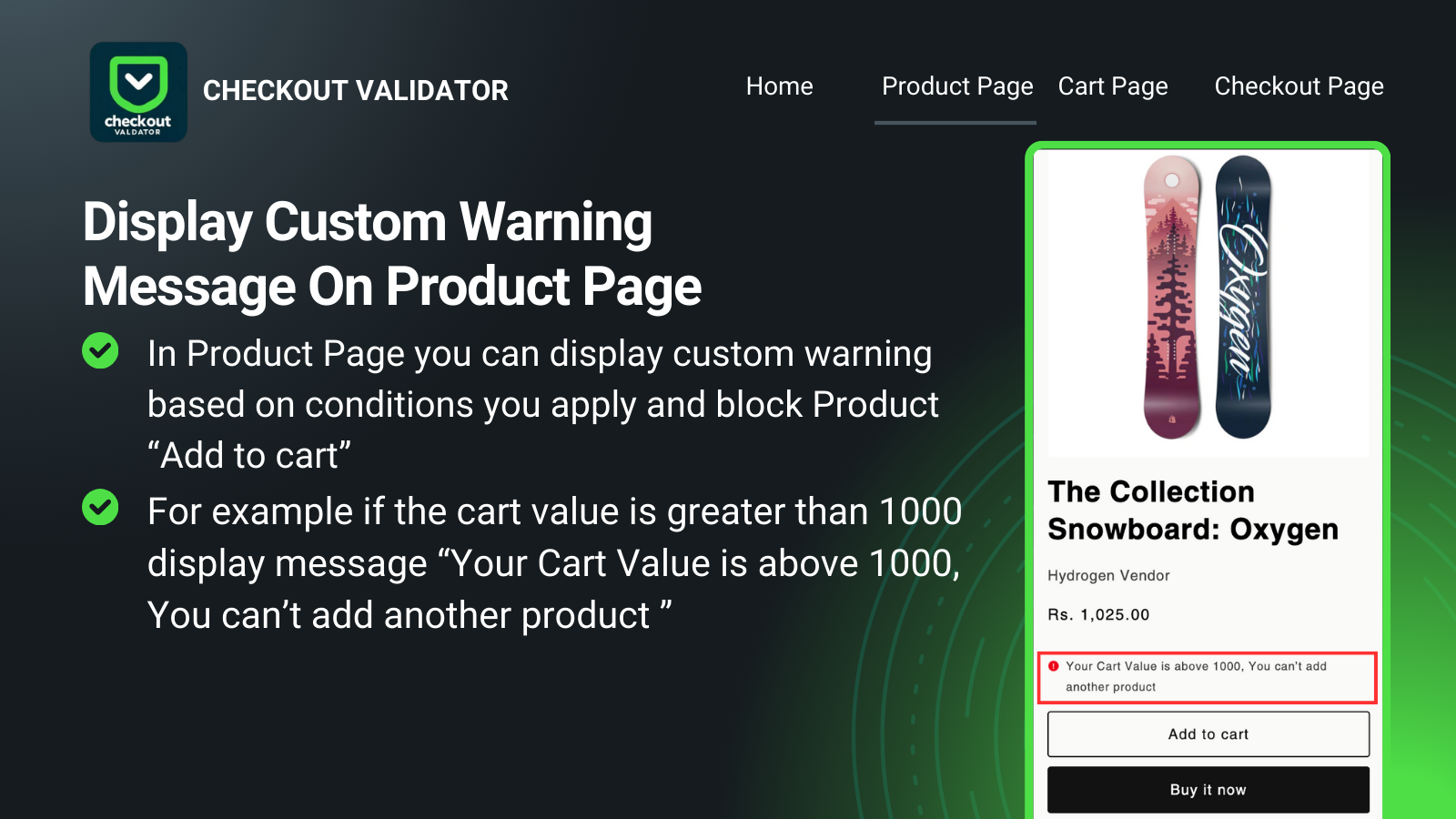 validate checkout , custom warning message