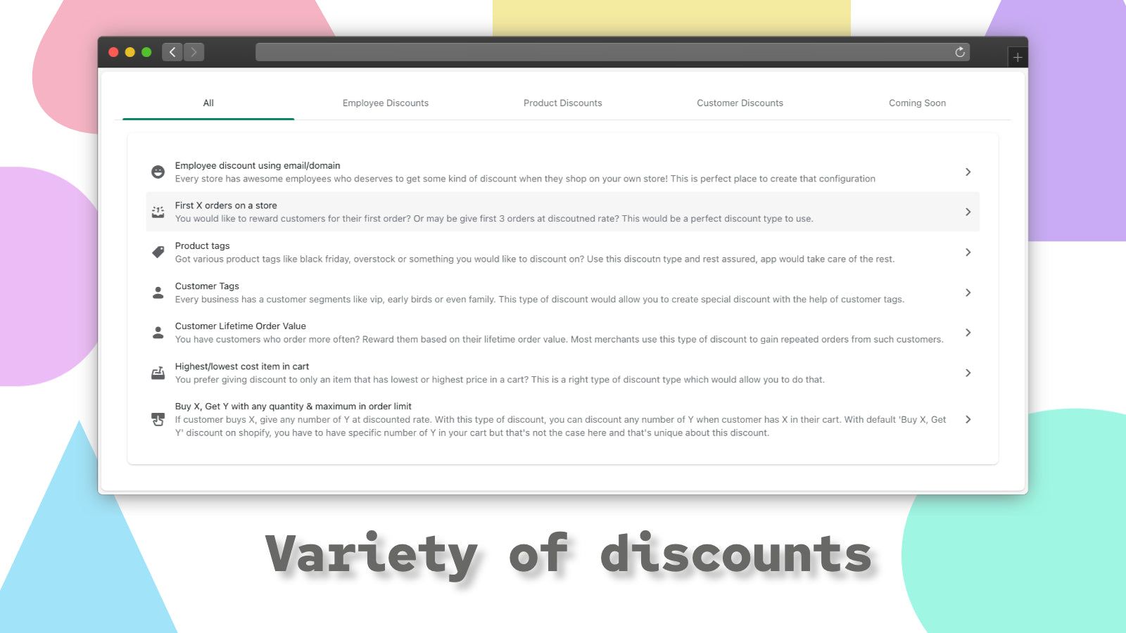 Variety of discount types.