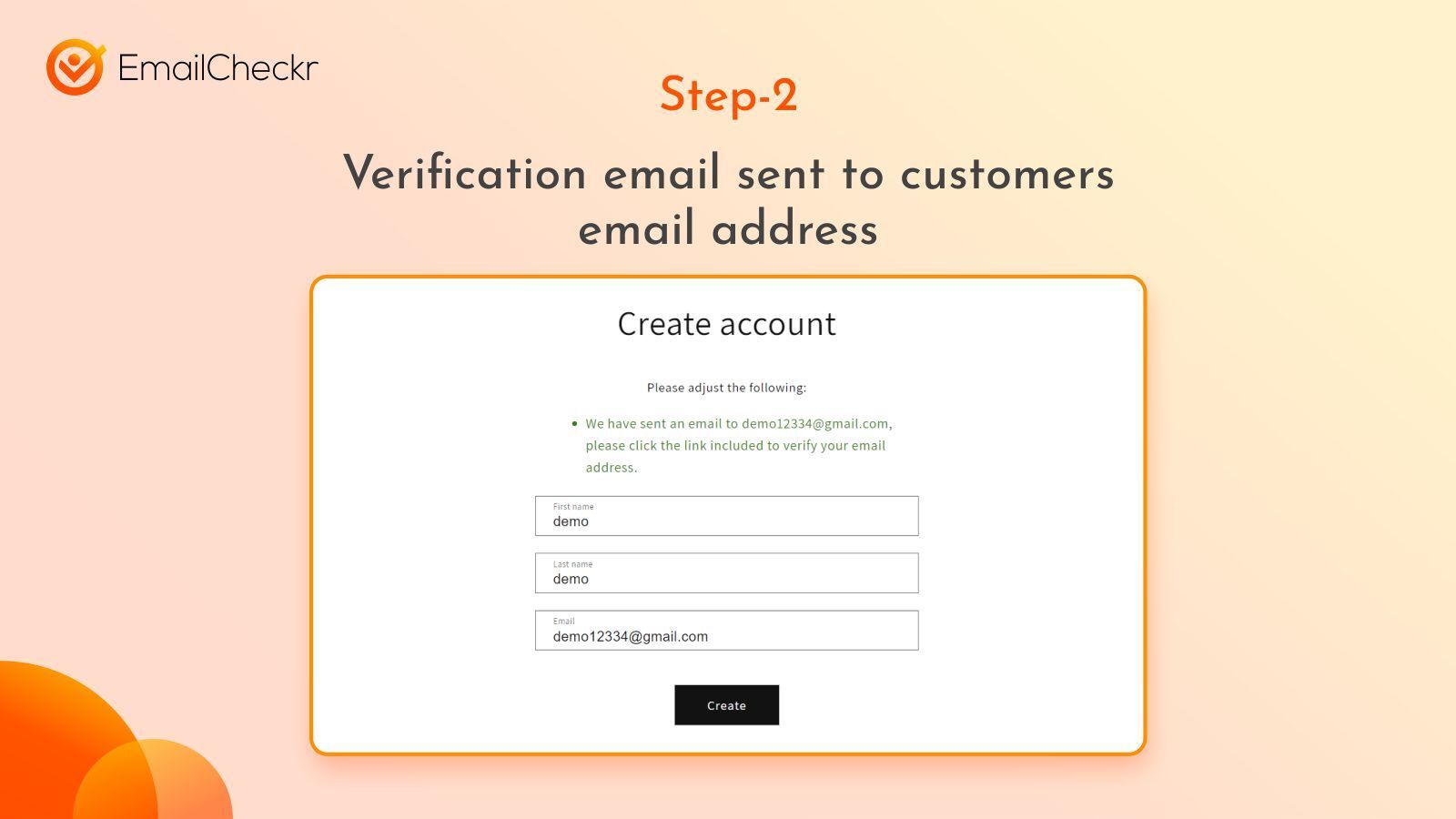 Verification email sent to customers email address