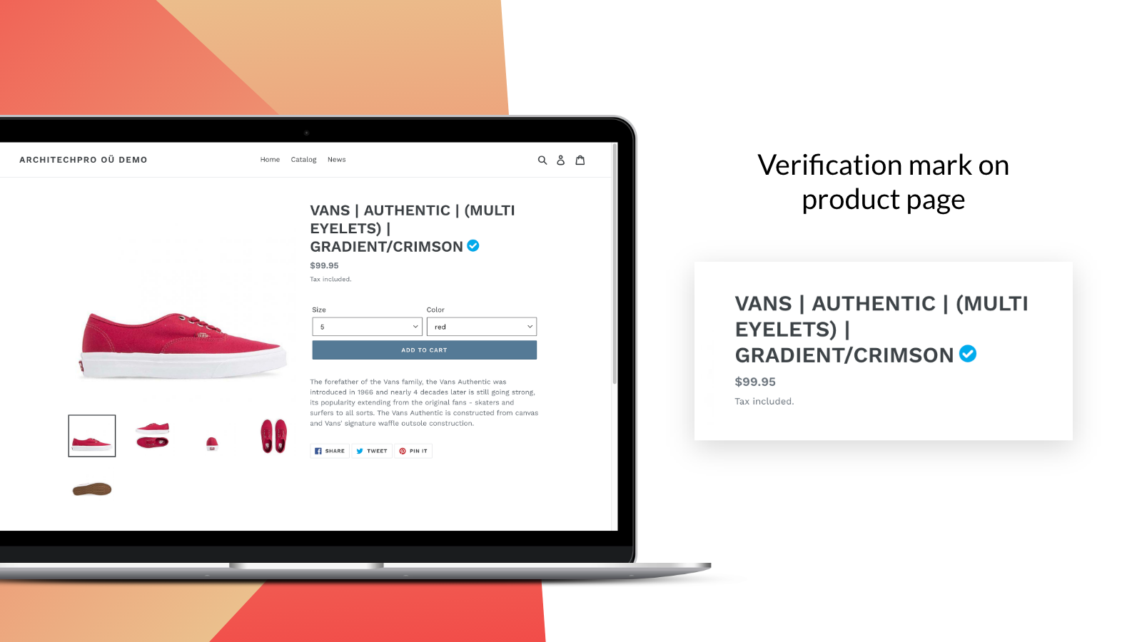 Verified product's page – Shopify badges