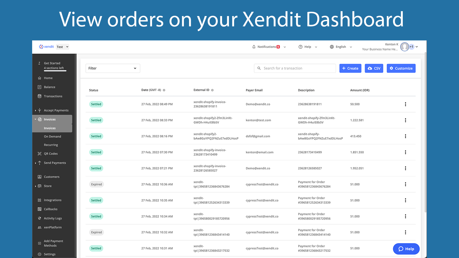 View all paid and unpaid orders on Xendit Dashboard
