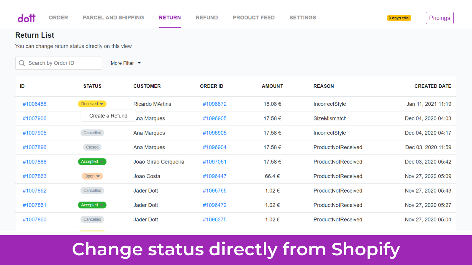 view and change refund return status from shopify