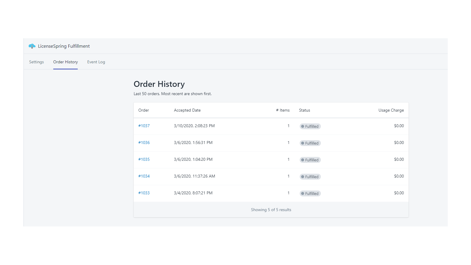 View history of orders processed by the app
