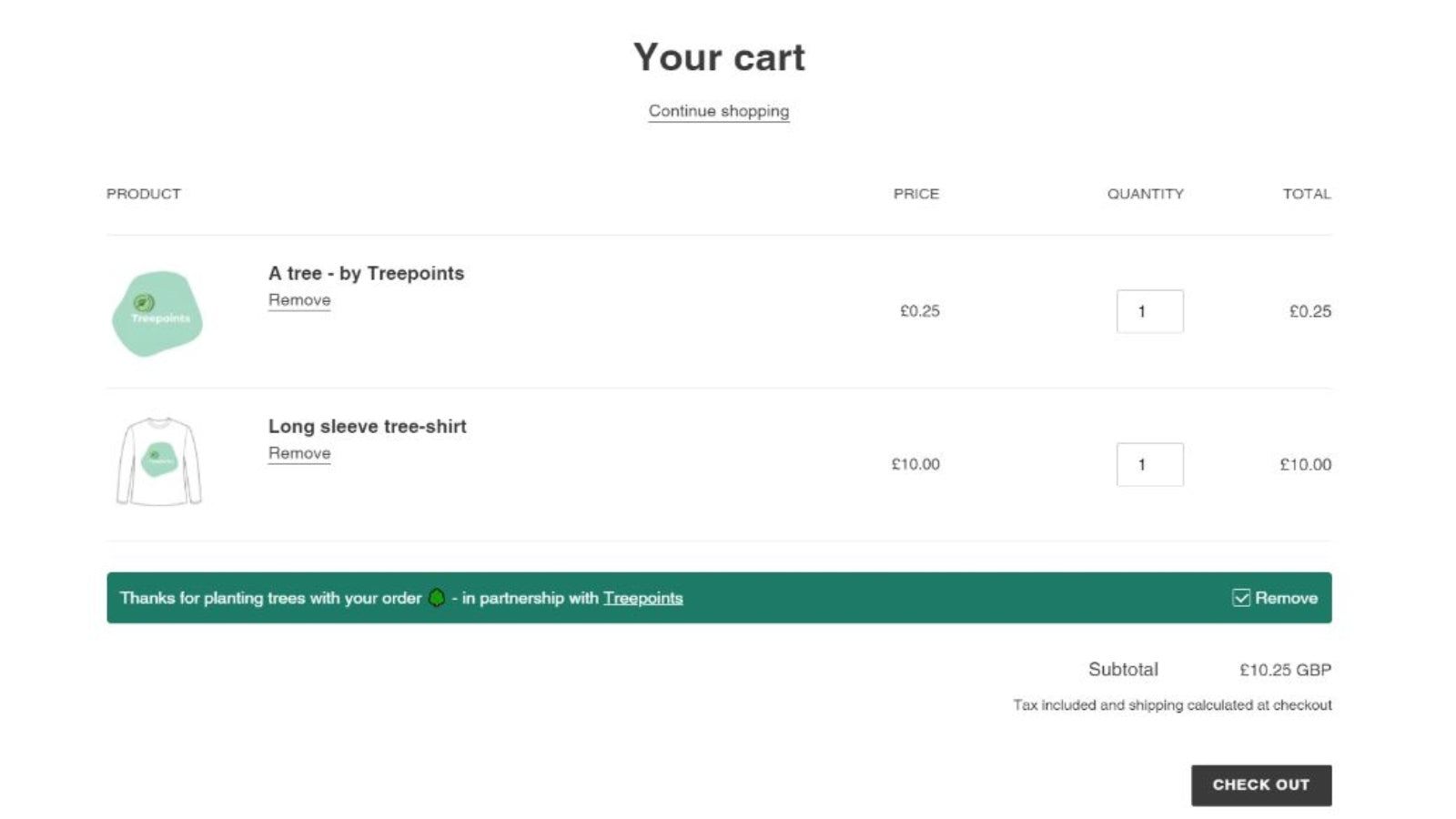View in checkout, box ticked (for opt in - tree planting)