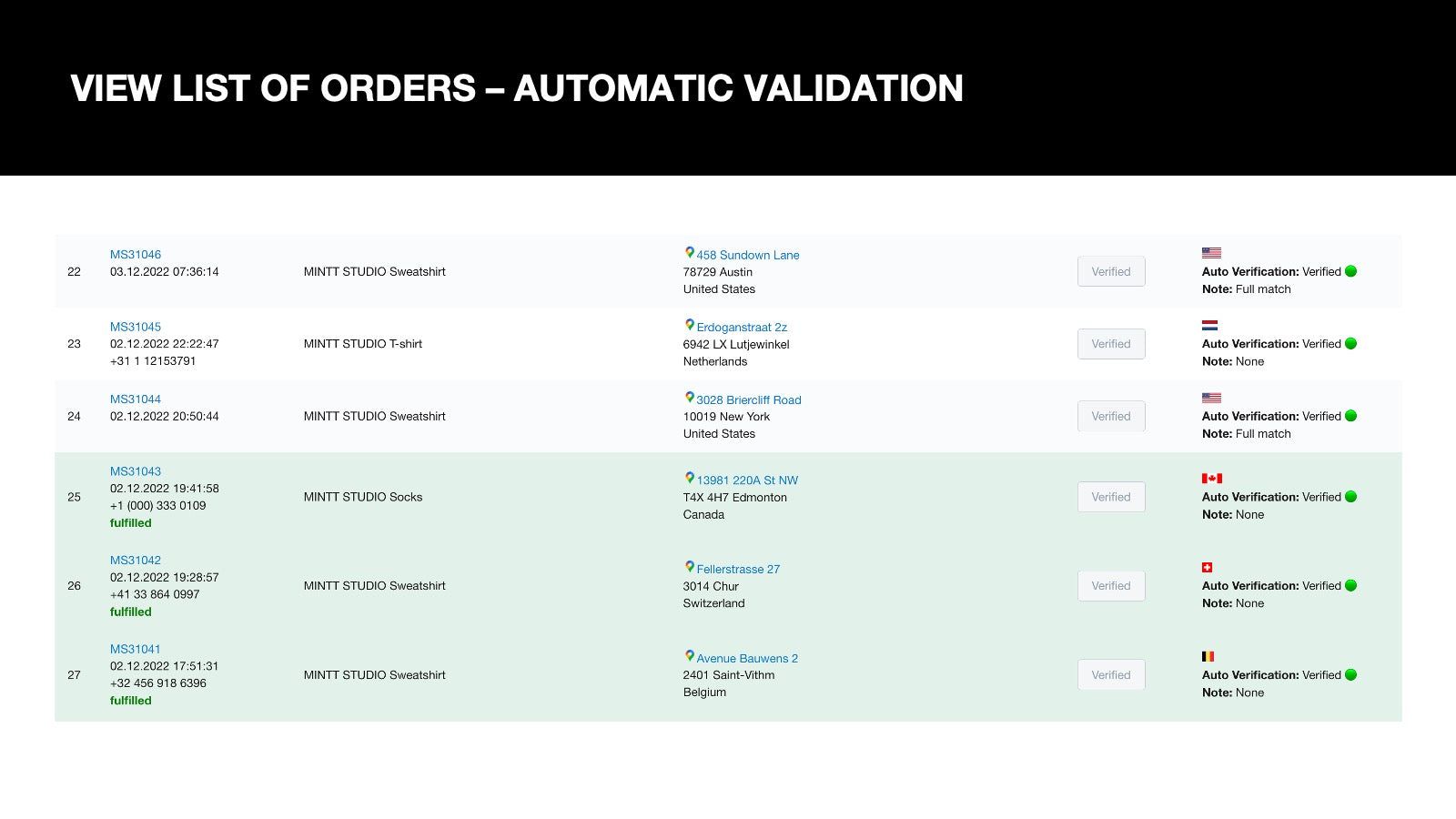 View list of orders - automatic validation