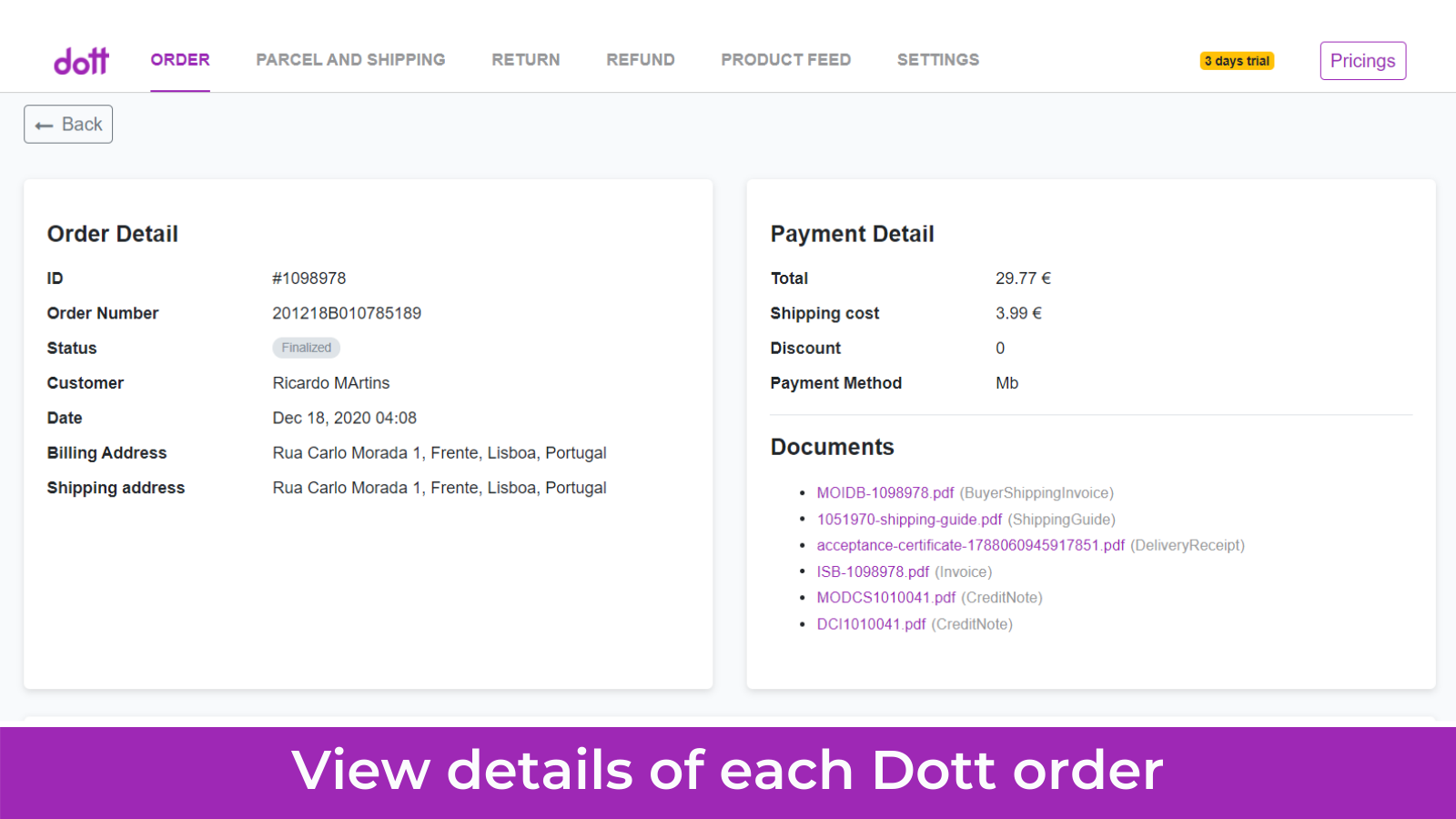 view order details invoices payment documents dott