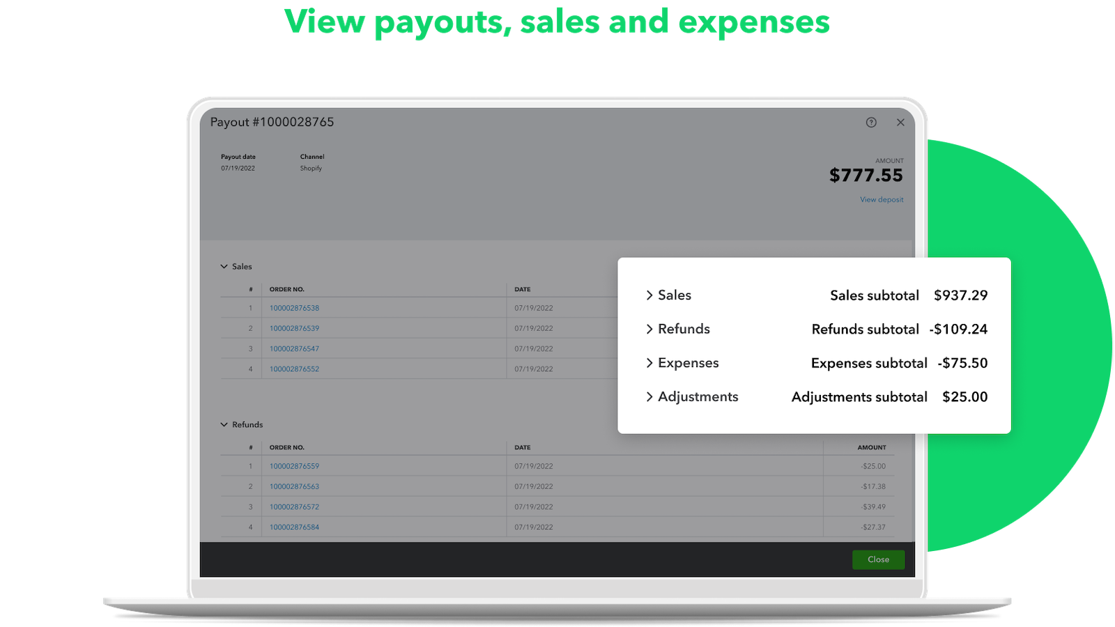 View payouts, sales and expesnes