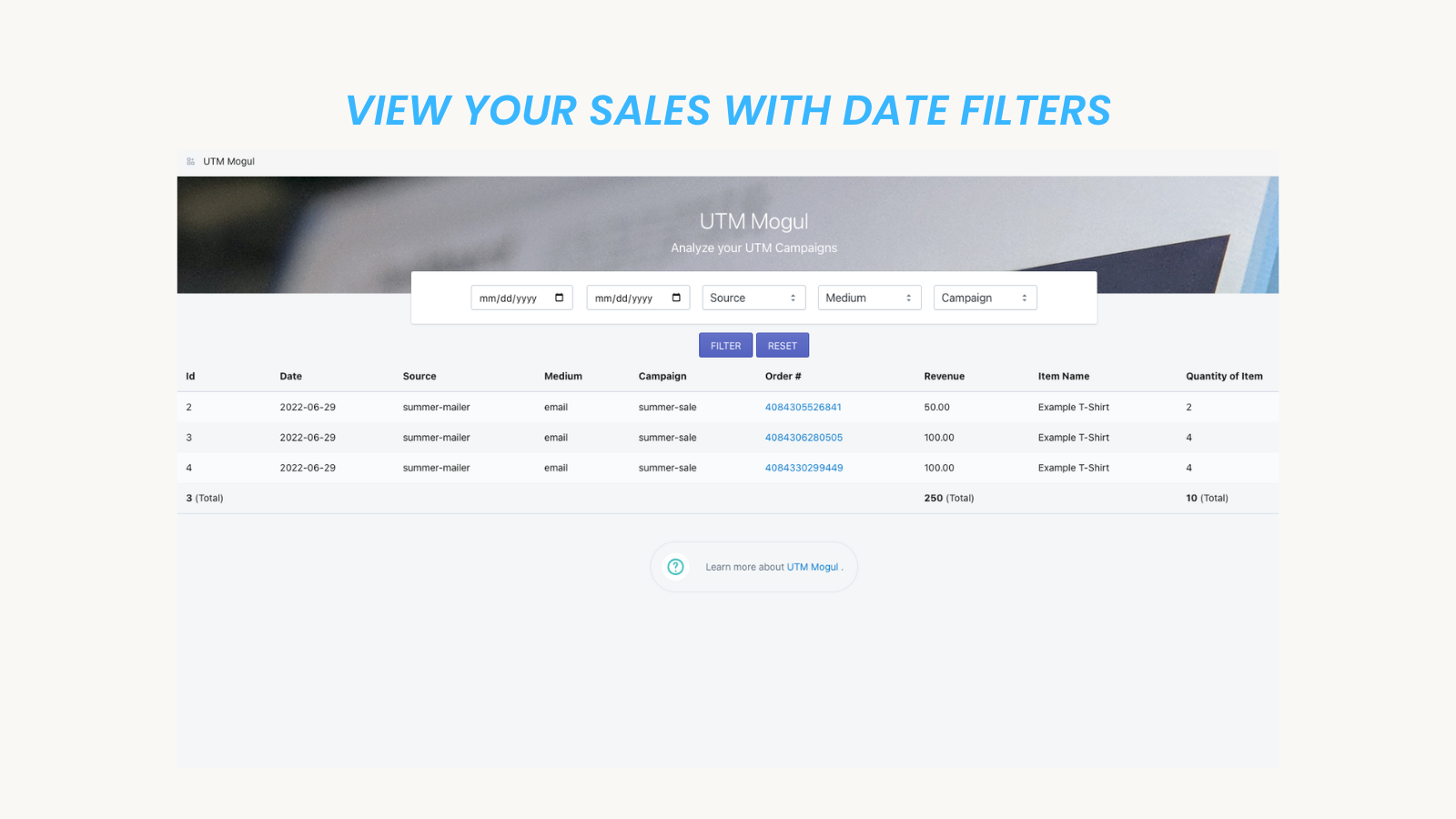 View UTM Sales By Dates