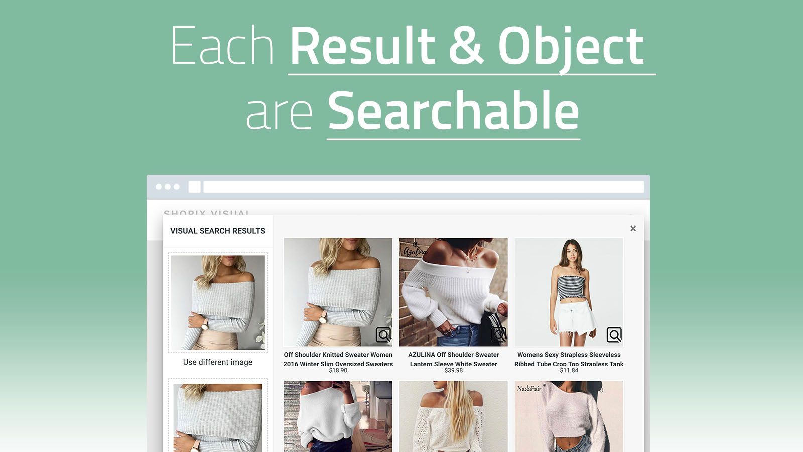 Visual search results with searchable result items & objects