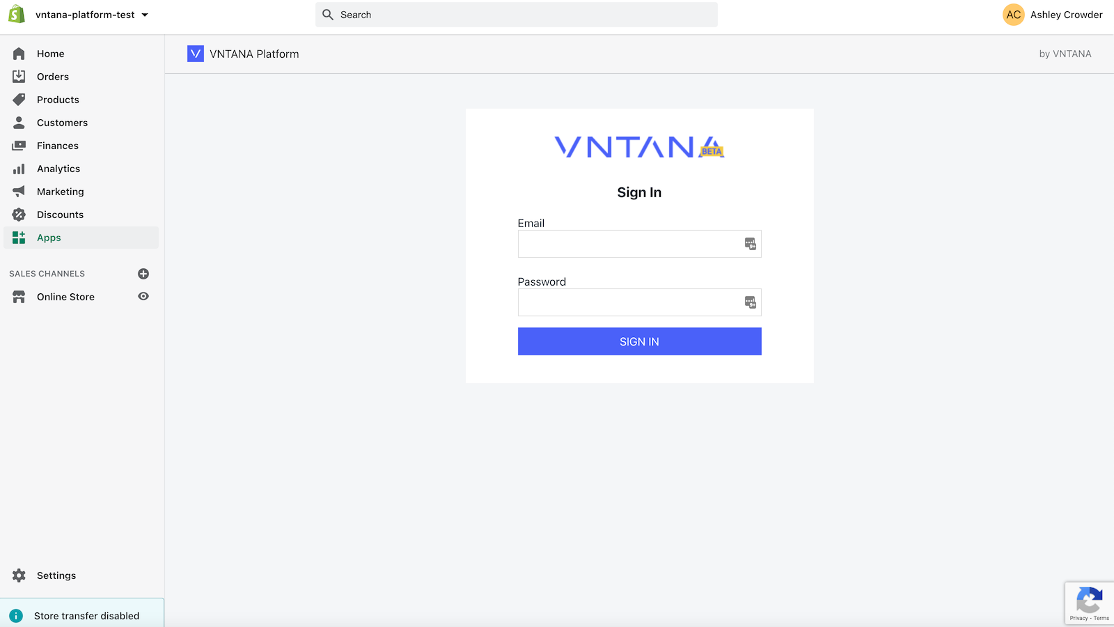 VNTANA Shopify App Login Screen