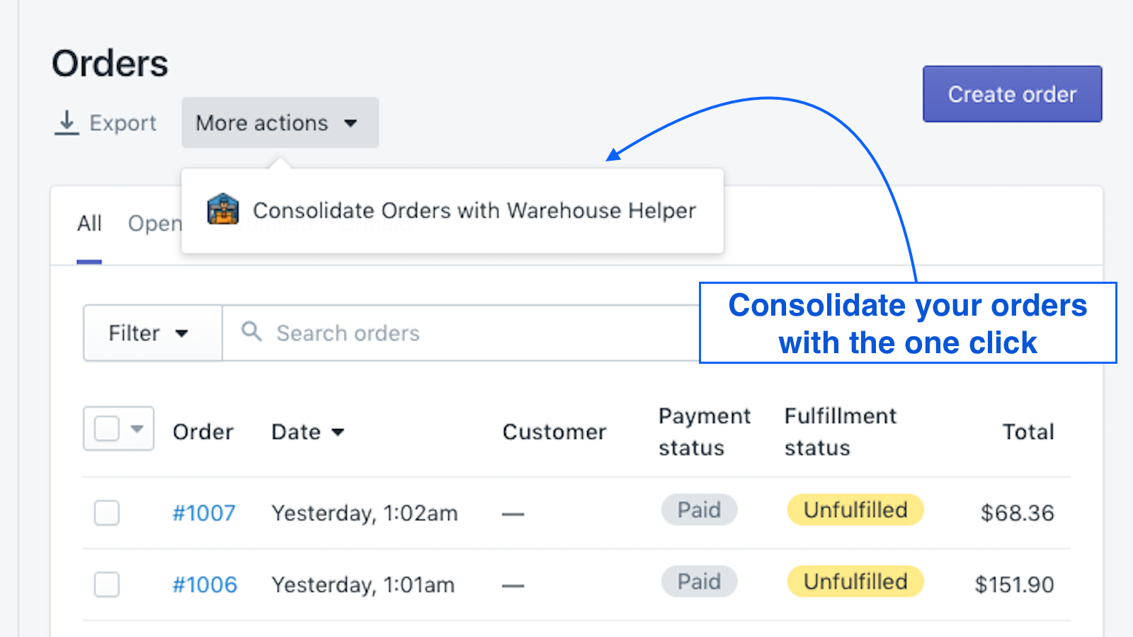 warehouse helper button on orders page screenshot