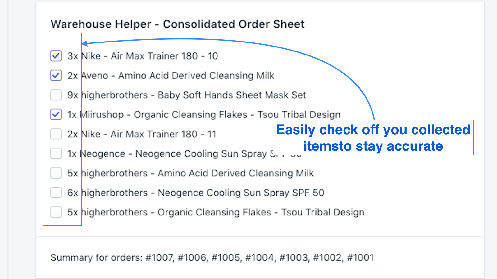 warehouse helper home page showing off checklist screenshot