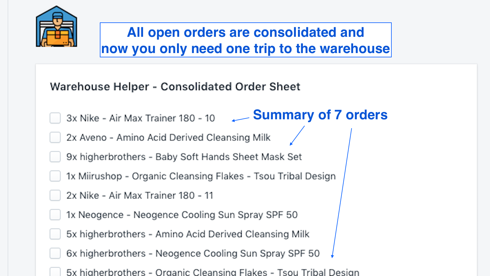 warehouse helper home page summary screenshot